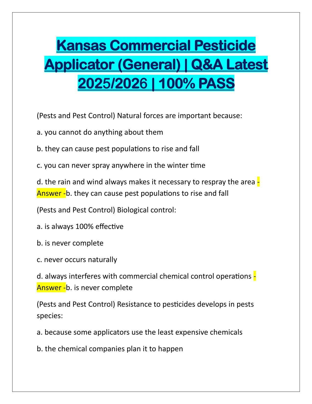Kansas Commercial Pesticide Applicator (General) Q&A Latest Update