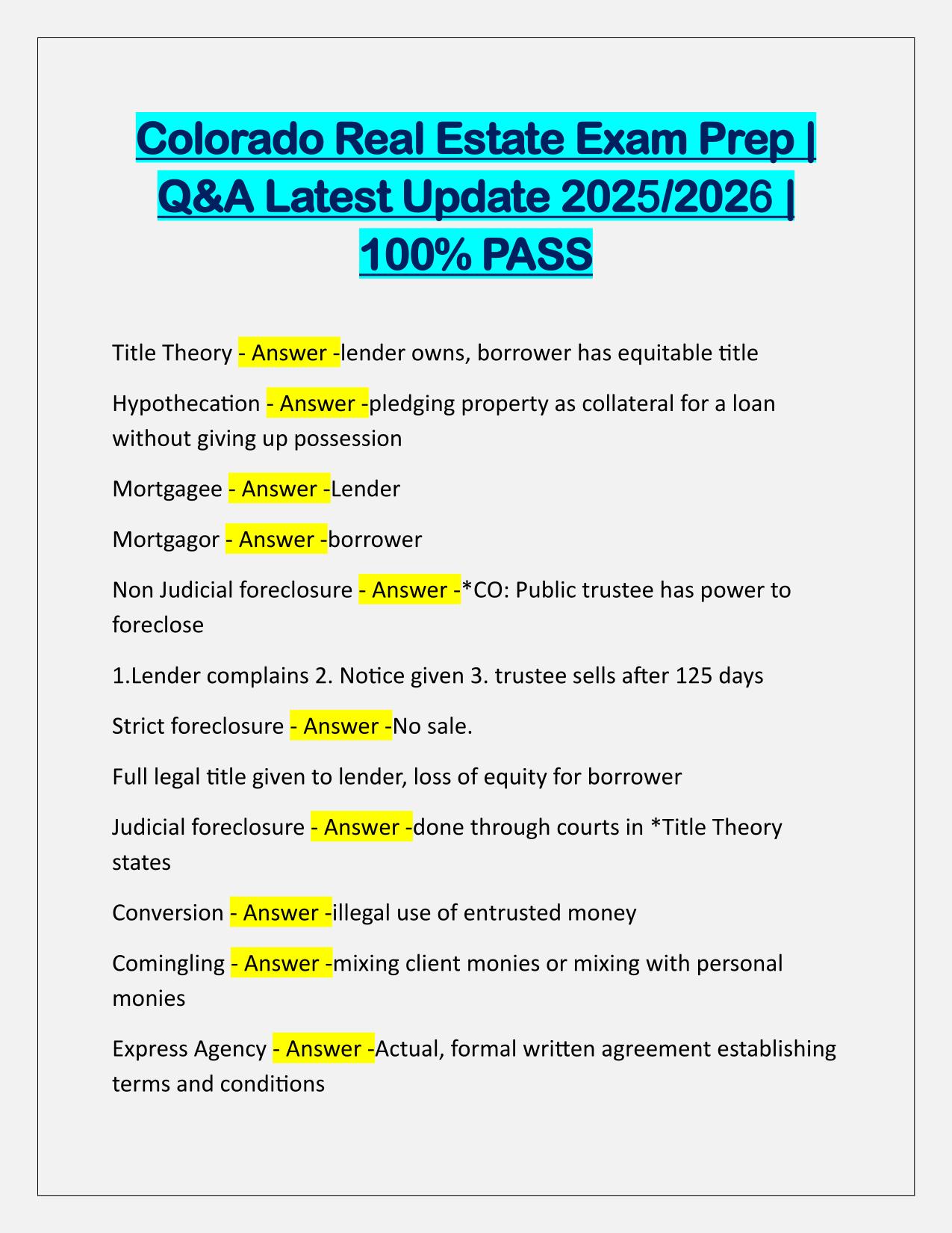 Bundle for VanED Colorado Real Estate EXAMS Q&A Latest Update