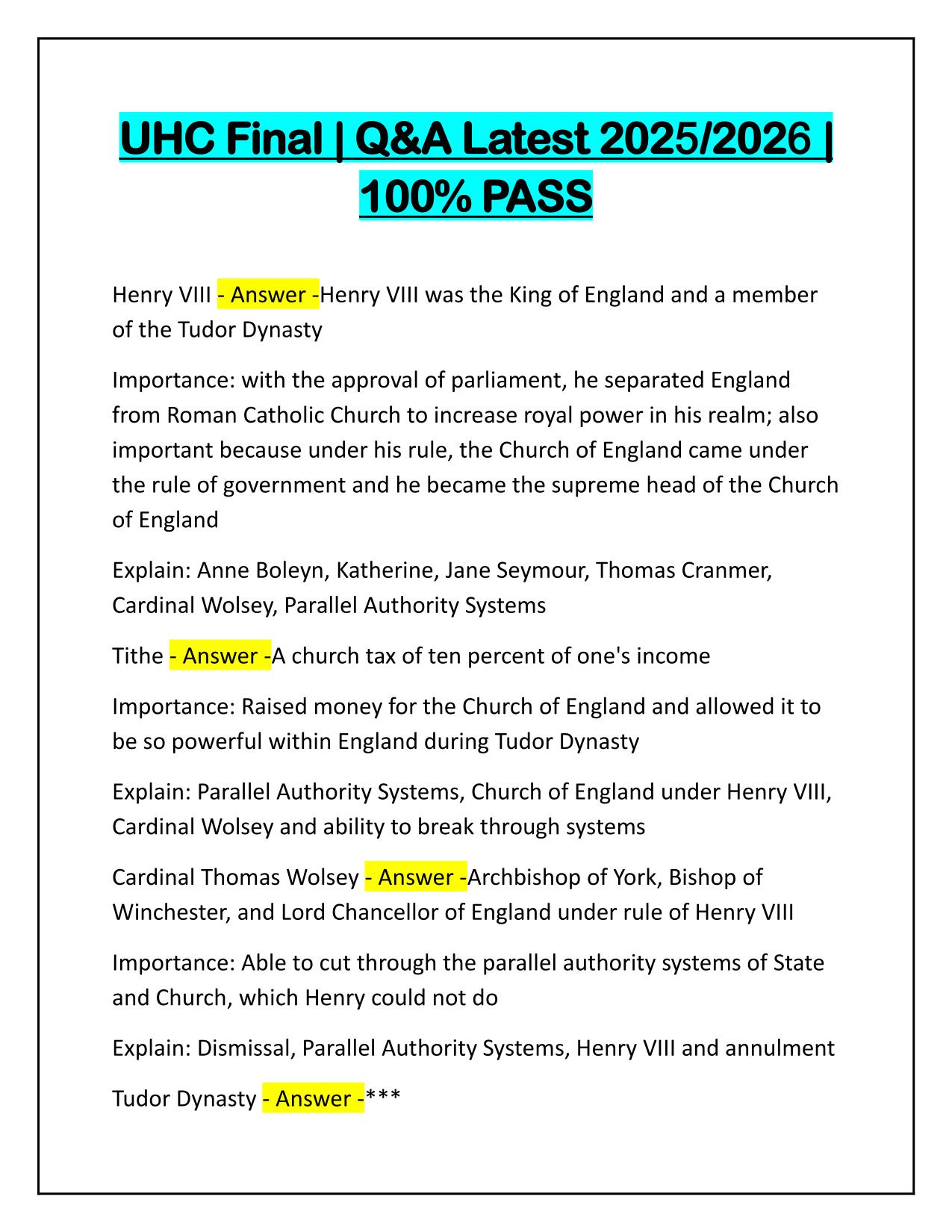 UHC Final Exam, Latest Update, with Verified Answers