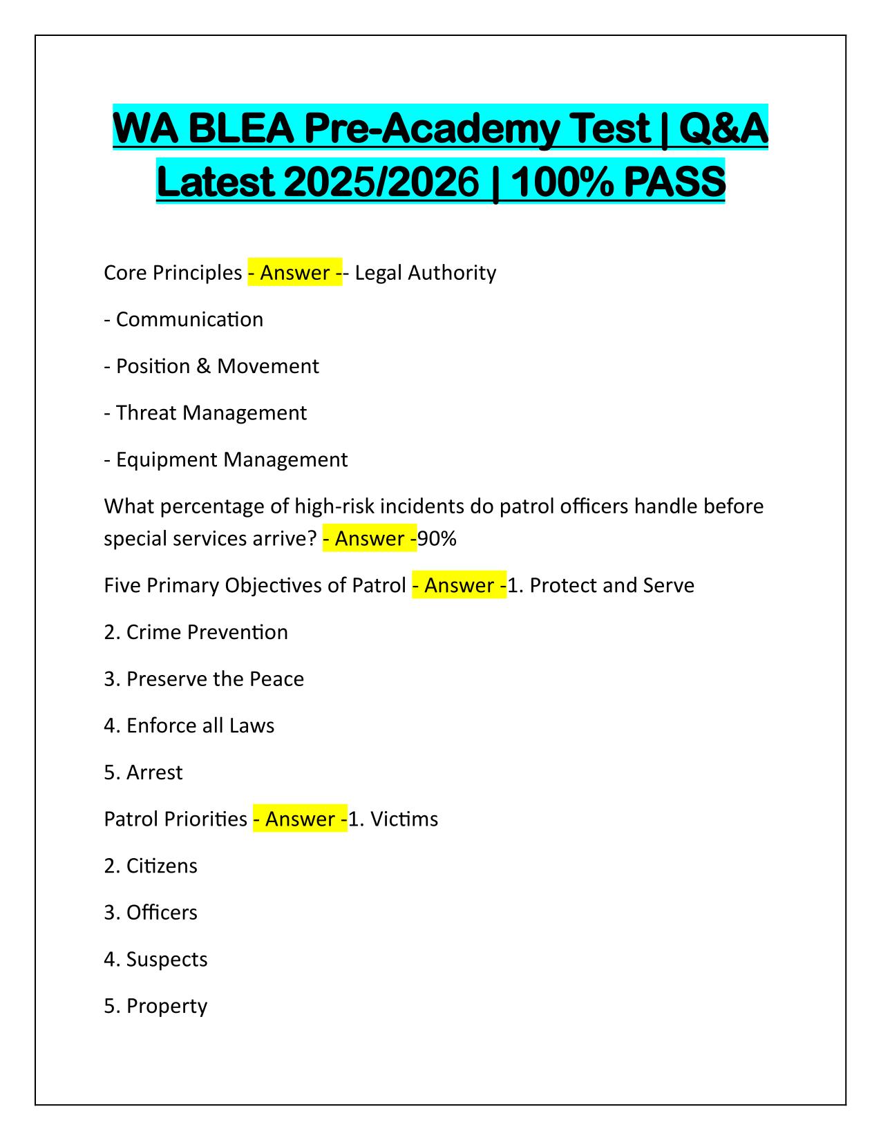 WA BLEA Pre-Academy Test Correctly Answered Latest Update