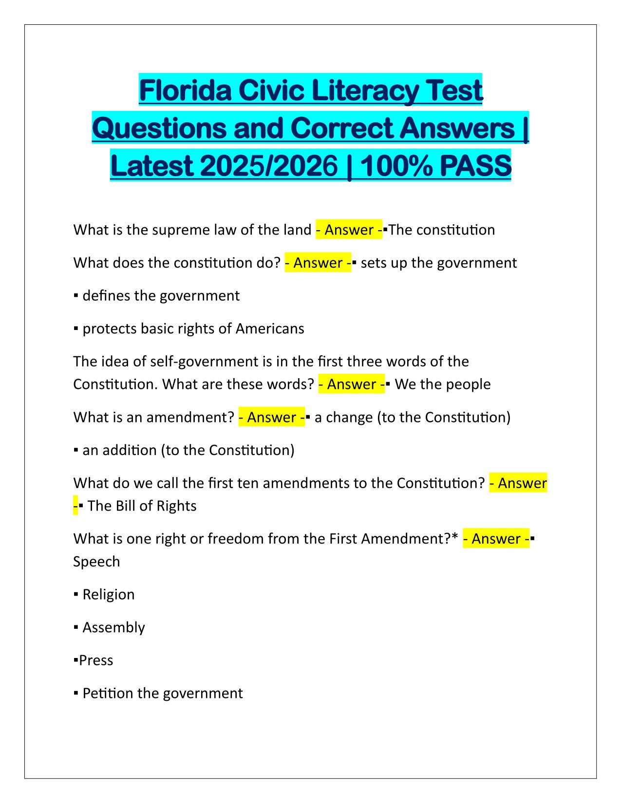 Florida Civic Literacy Test Q&A Latest Update