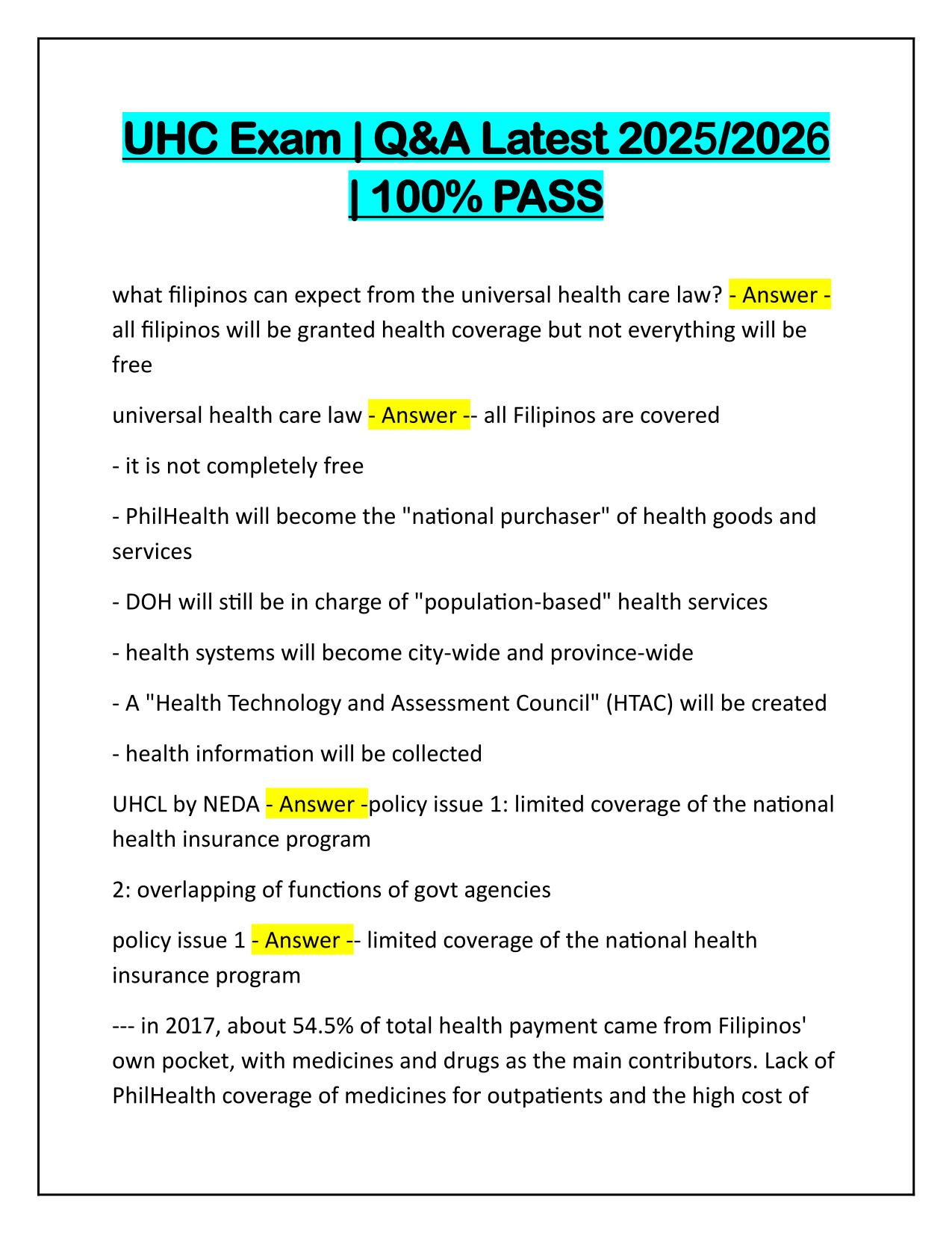 UHC Exam, Q&A Latest, Graded A