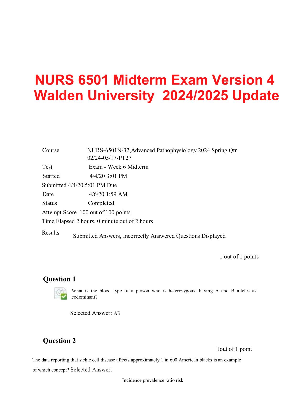 2025 NURS 6501 Midterm Exam Version 4 Walden University