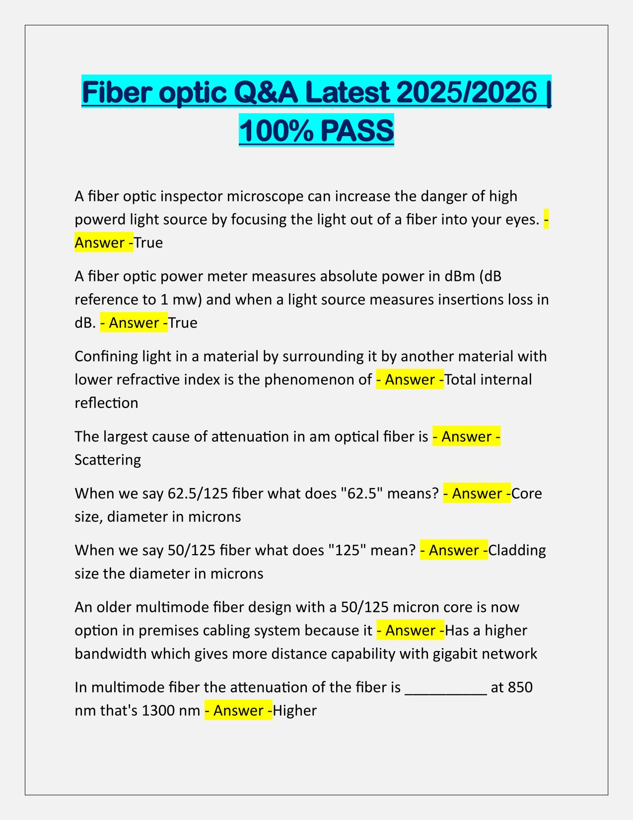 Fiber optic TEST Q&A latest Update