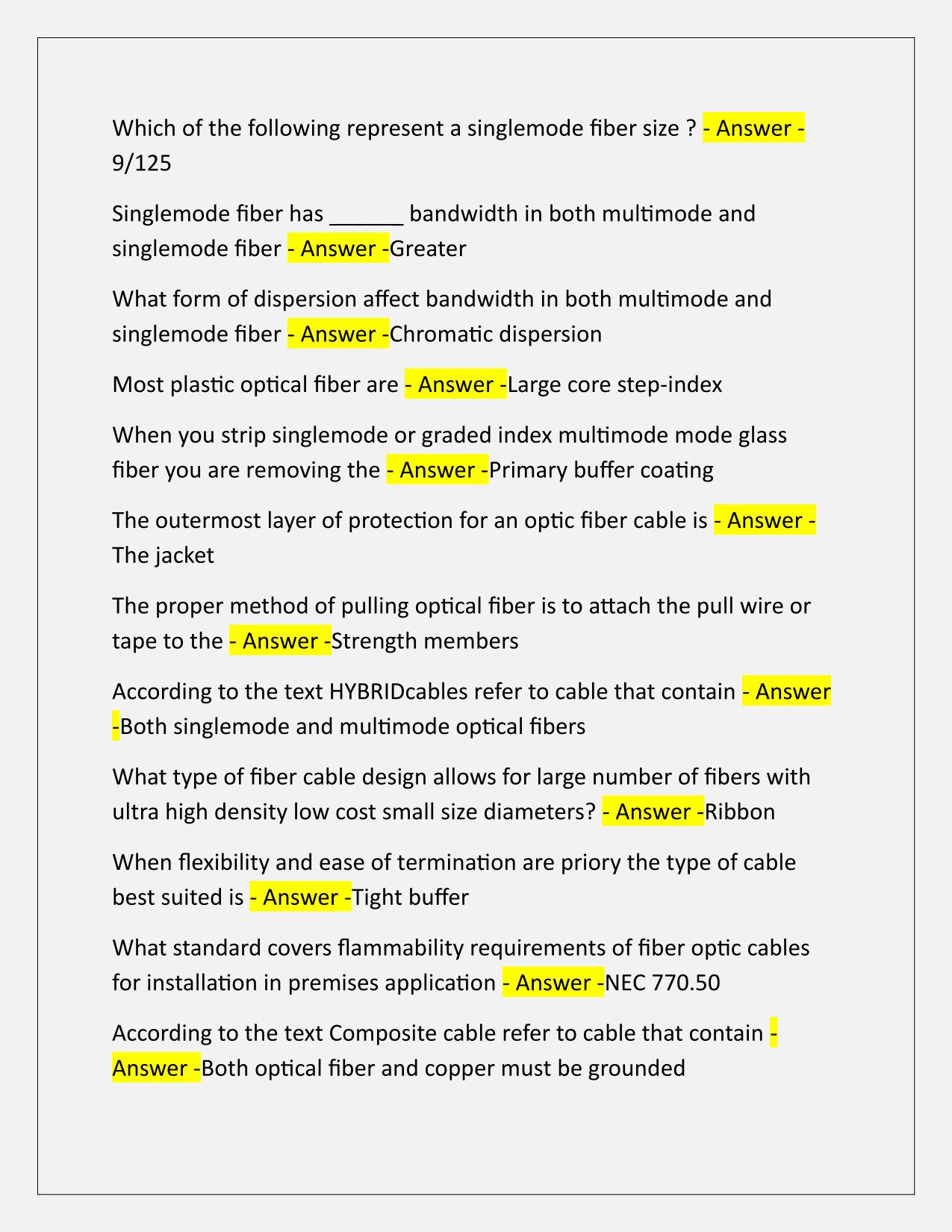 Fiber optic TEST Q&A latest Update