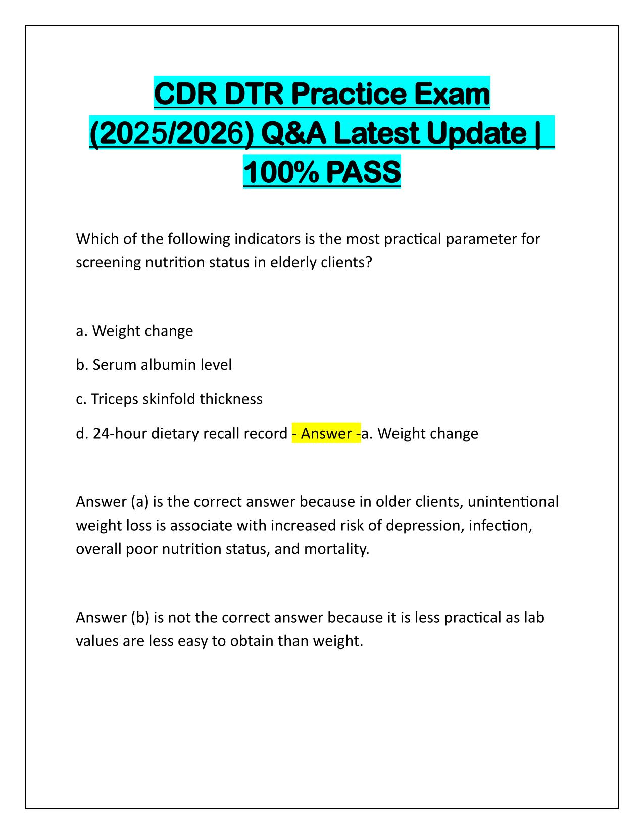 CDR DTR Practice Exam 2025-2026 Correctly Answered Latest