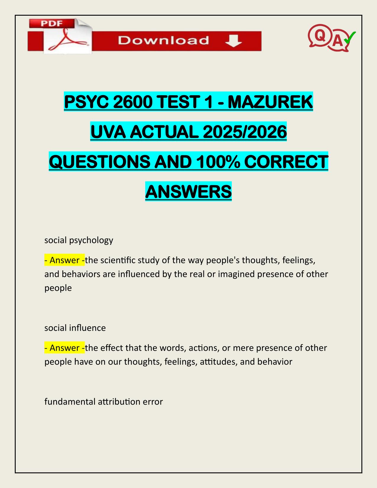 PSYC 2600 TEST 1 MAZUREK UVA ACTUAL 2025/2026 QUESTIONS AND 100% CORRECT ANSWERS