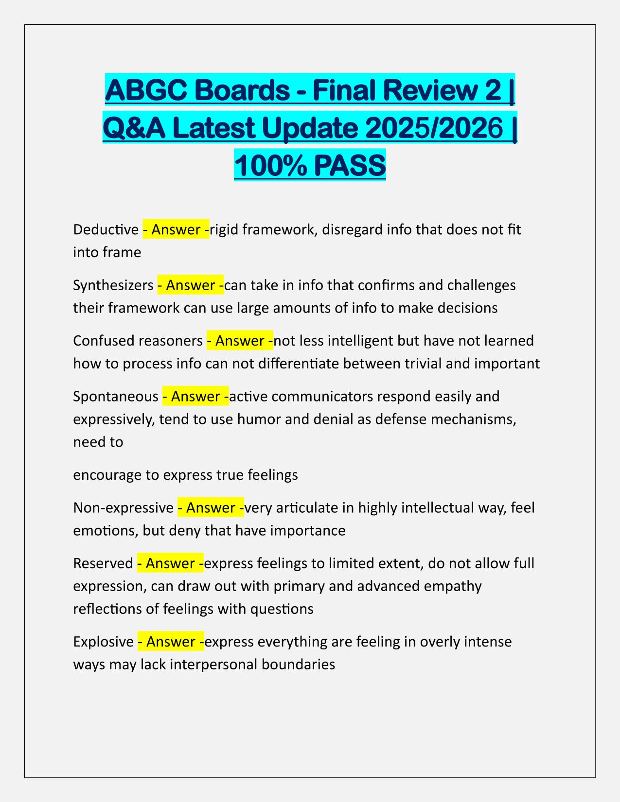 ABGC Boards-Final Review 2 Correctly Answered Latest Update