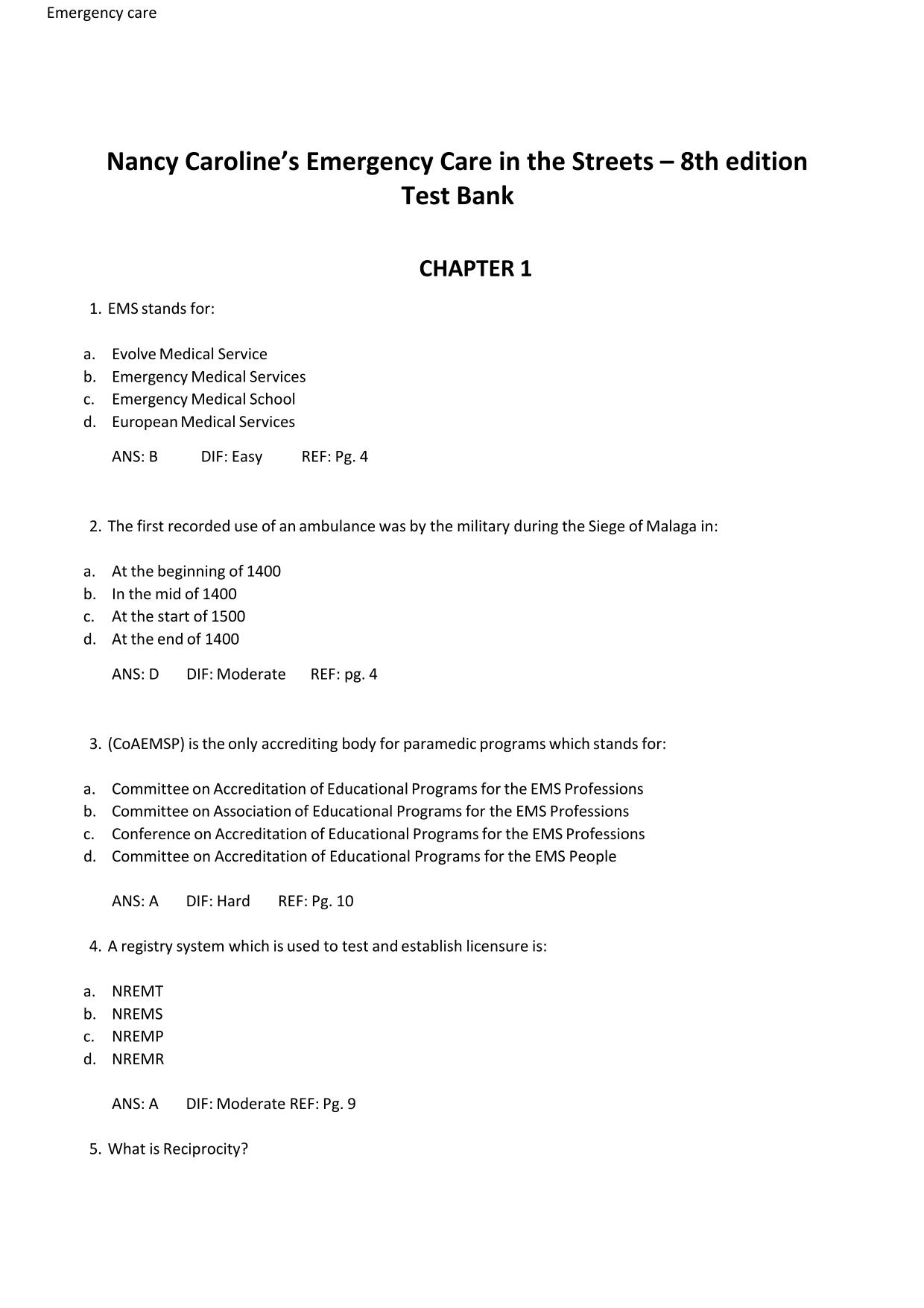 Test Bank for Nancy Caroline’s Emergency Care in the Streets 8th Edition Caroline Latest Update 2025