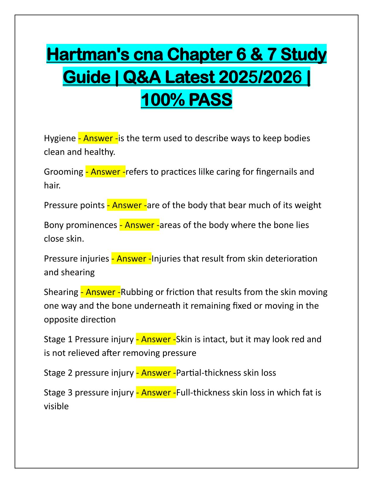 Hartman's cna Chapter 6 & 7 Study Guide Q&A Latest Update