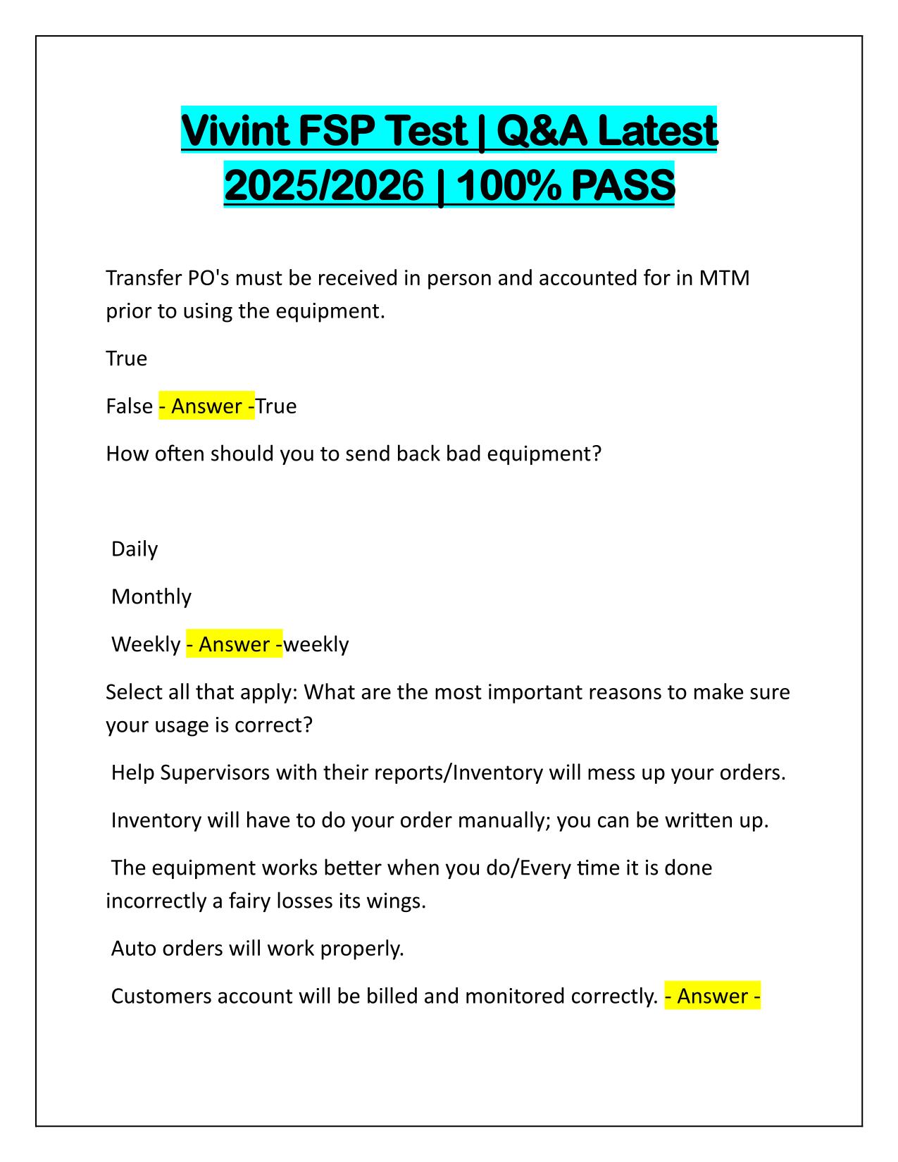 Vivint FSP Test Correctly Answered Latest Update