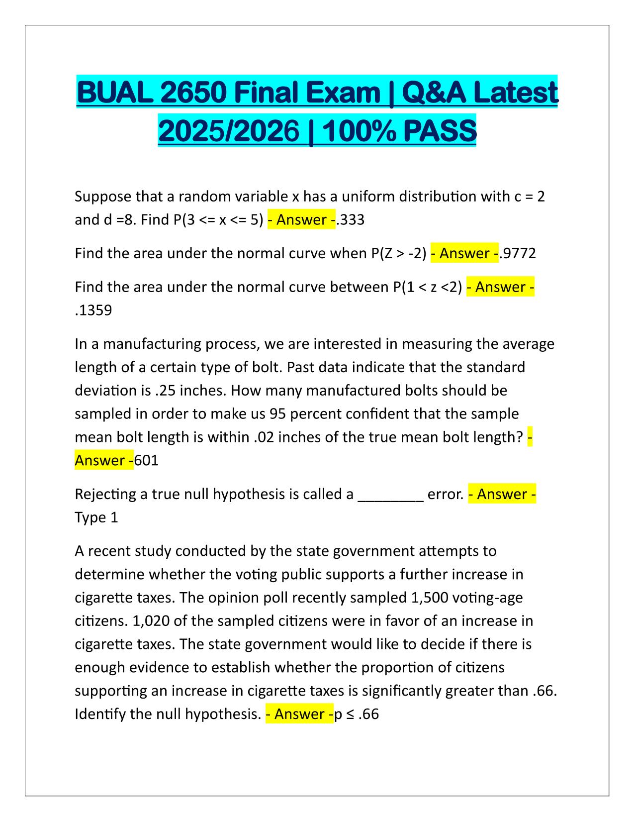 BUAL 2650 Final Exam Correctly Answered Latest Update