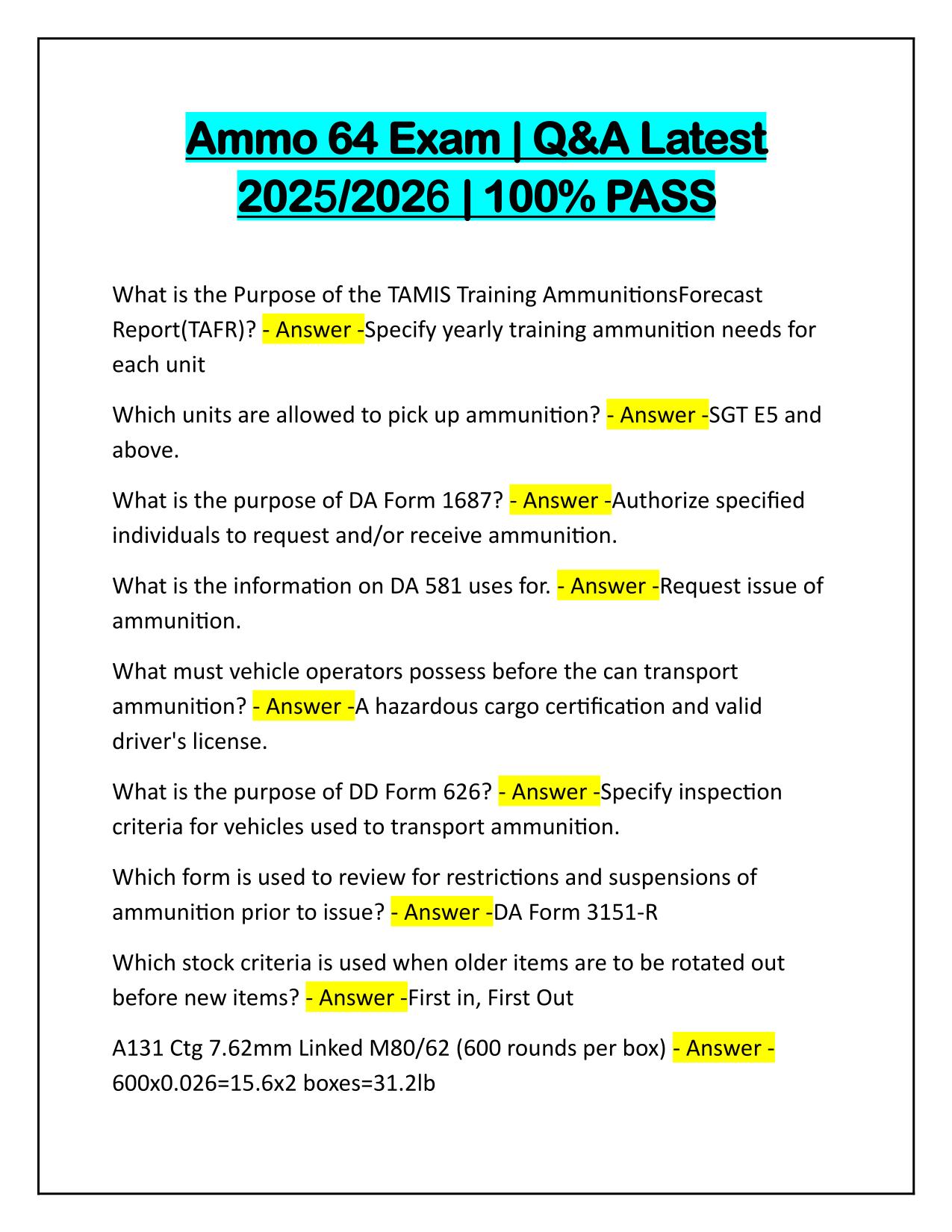 Ammo 64 Exam Correctly Answered Latest Update