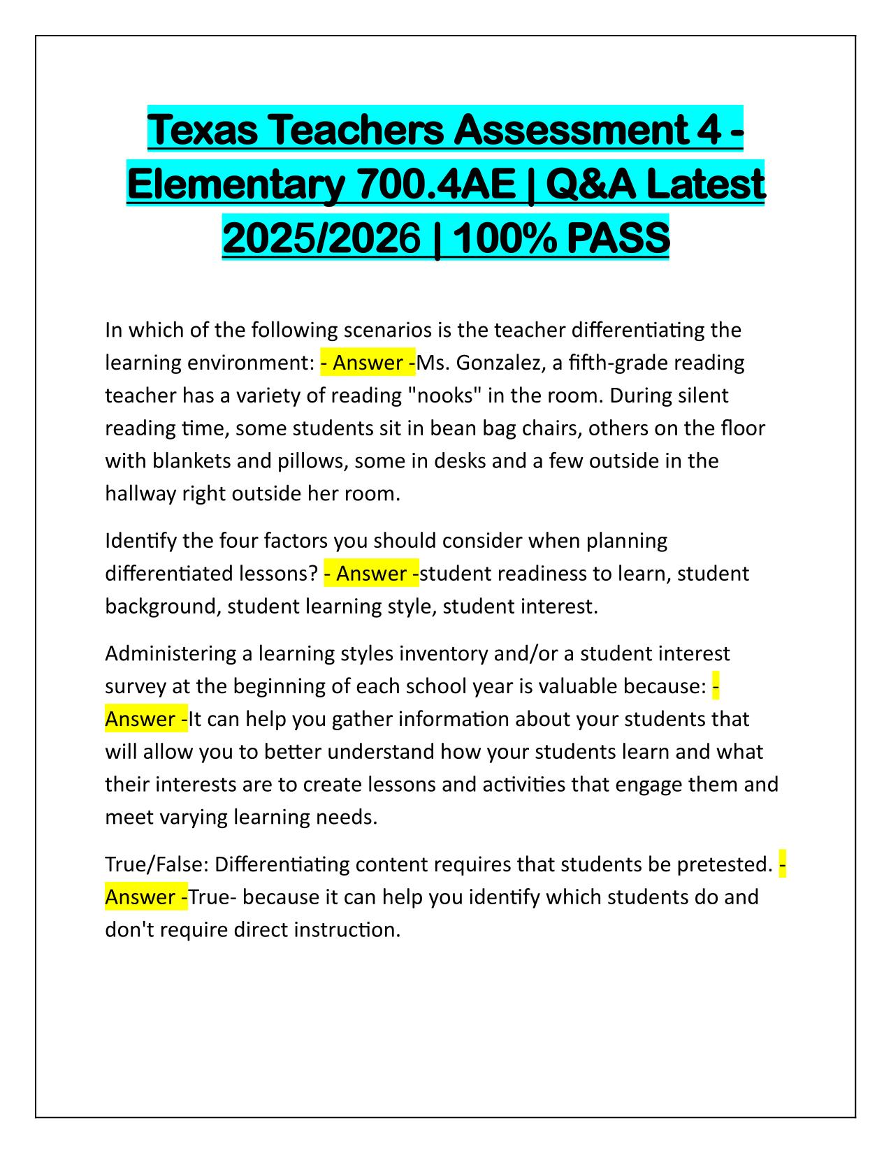Bundle for Texas Teachers Assessment Exams Q&A Latest Update 2025-2026