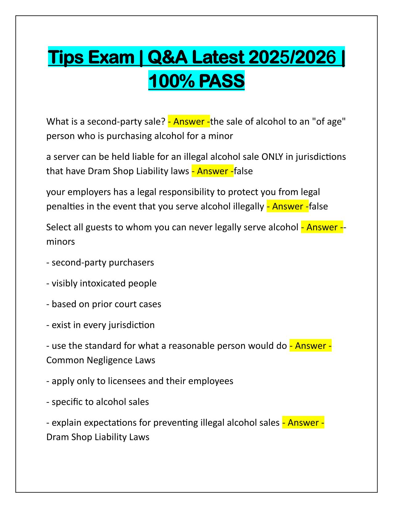 Bundle for TIPS Alcohol Certification and Training Exams Q&A Latest Update 2025-2026