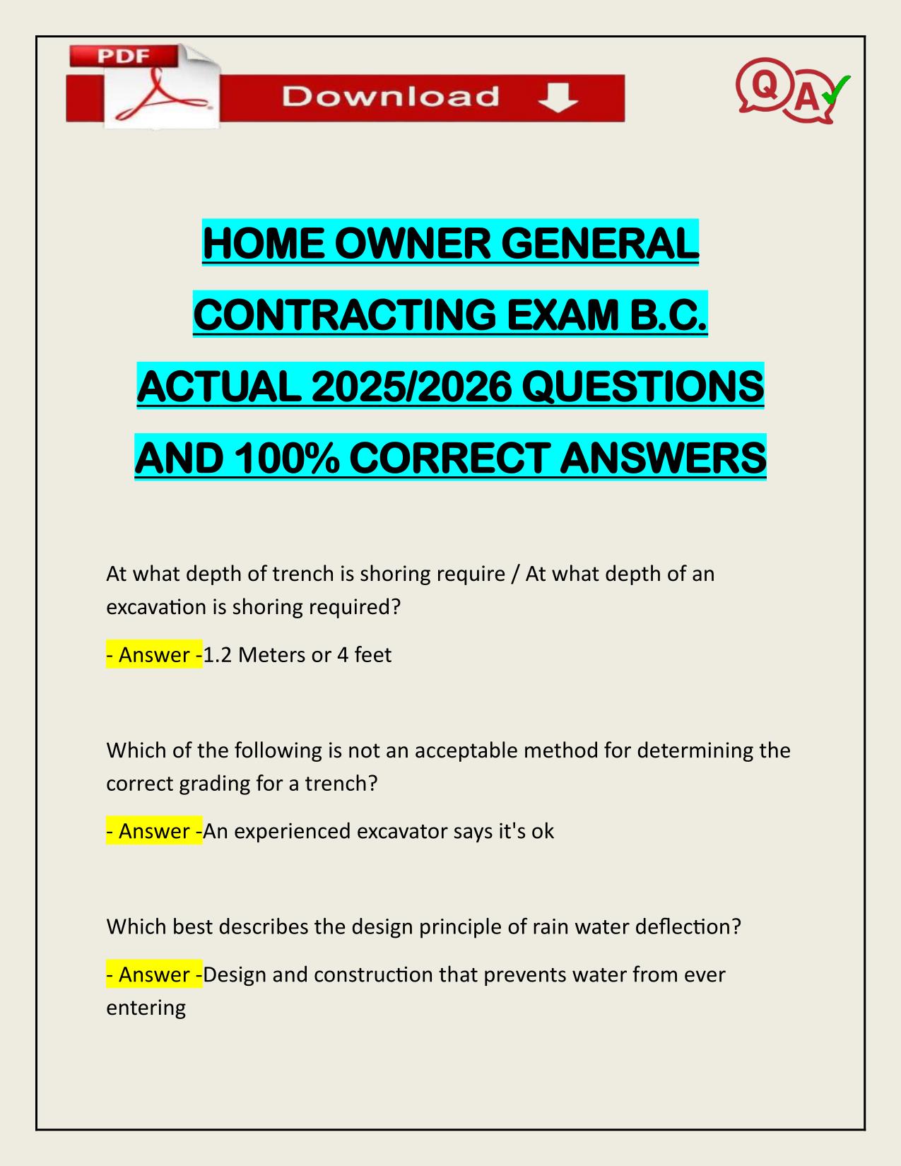 HOME OWNER GENERAL CONTRACTING EXAM B.C. ACTUAL 2025/2026