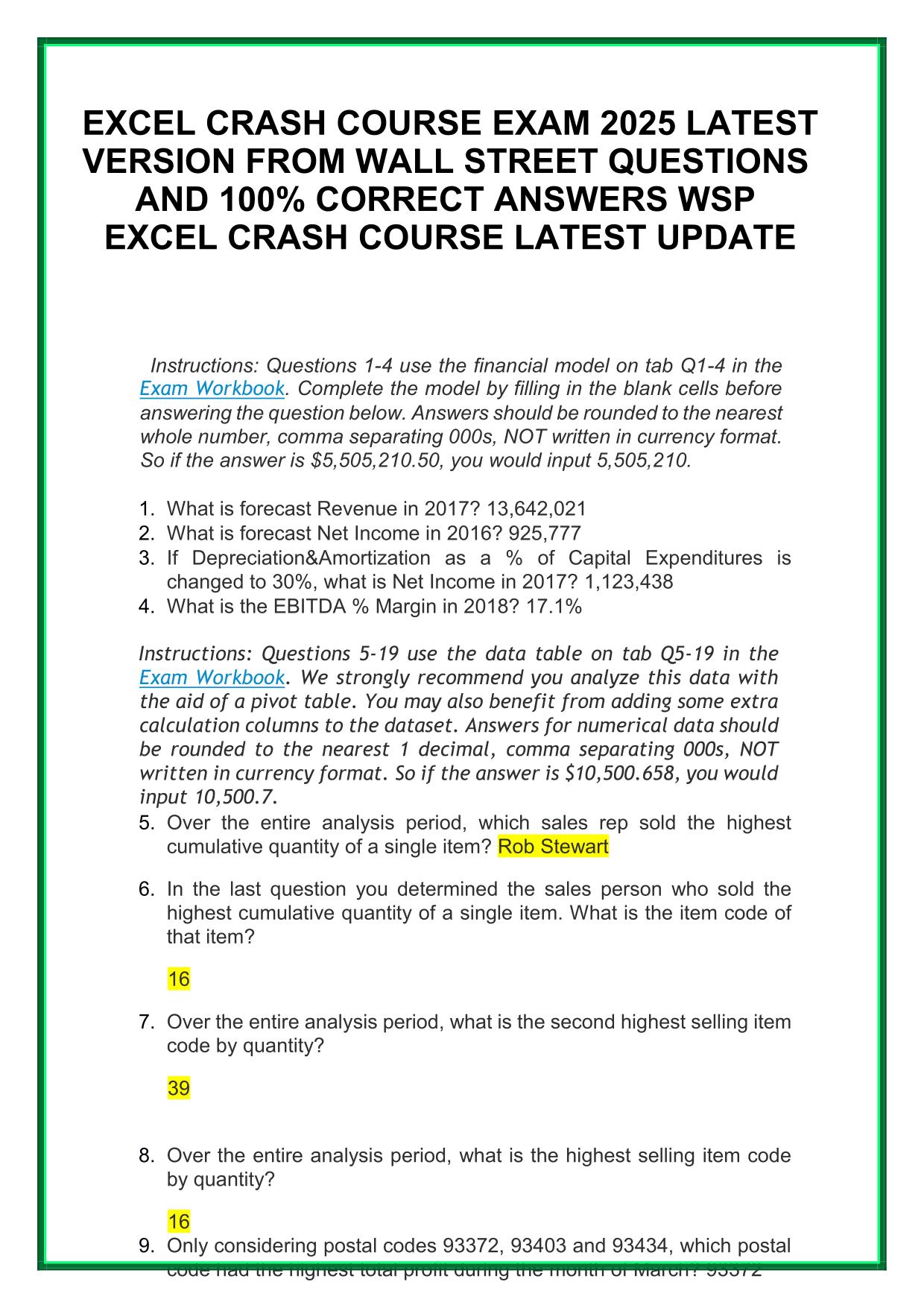 EXCEL CRASH COURSE EXAM 2025 LATEST VERSION WALL STREET 