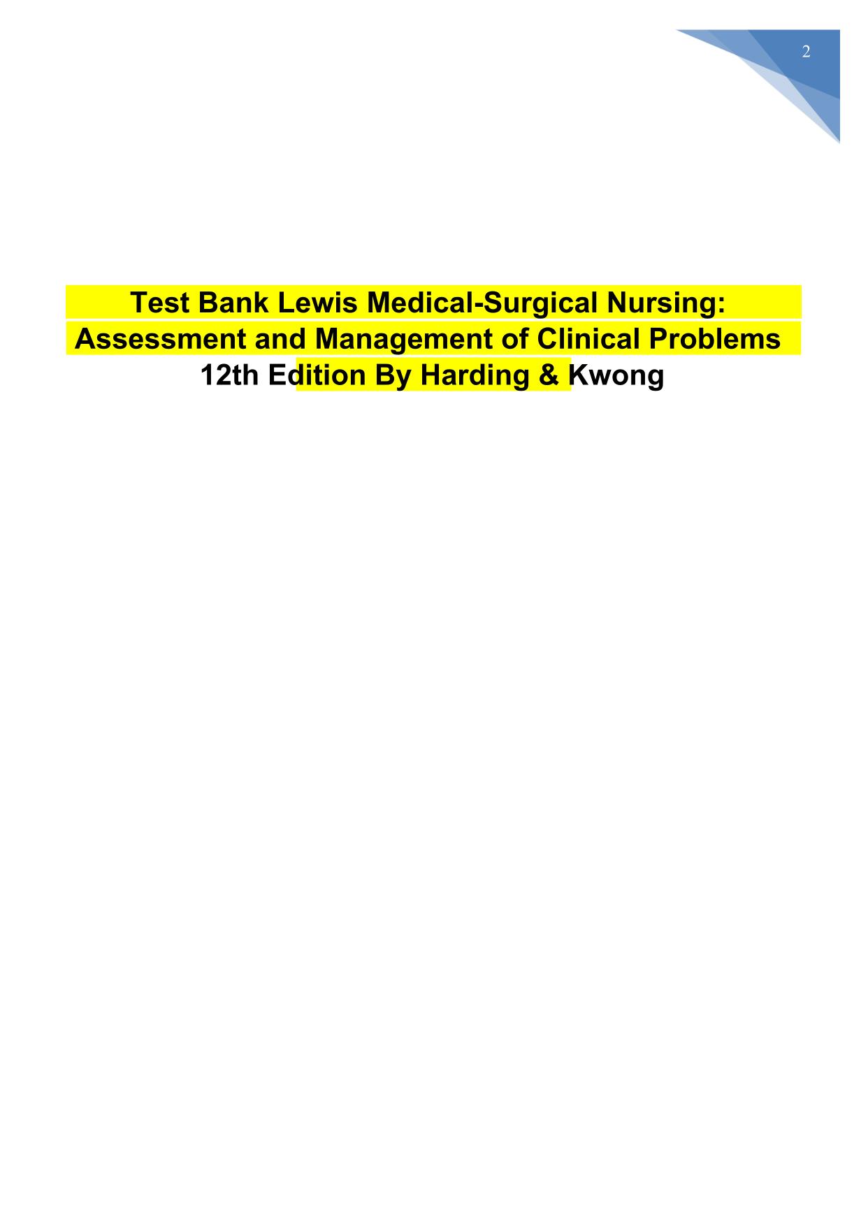 Test Bank Lewis Medical-Surgical Nursing12th Edition Harding Kwong Latest 2025/2026