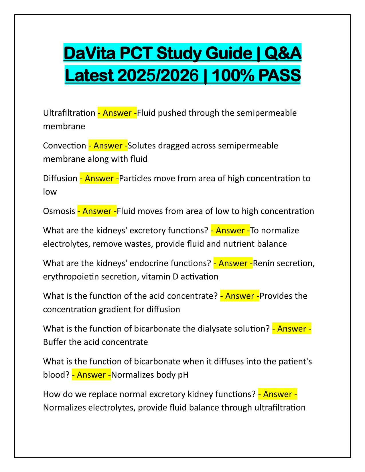 DaVita PCT Study Guide Correctly Answered Latest Update
