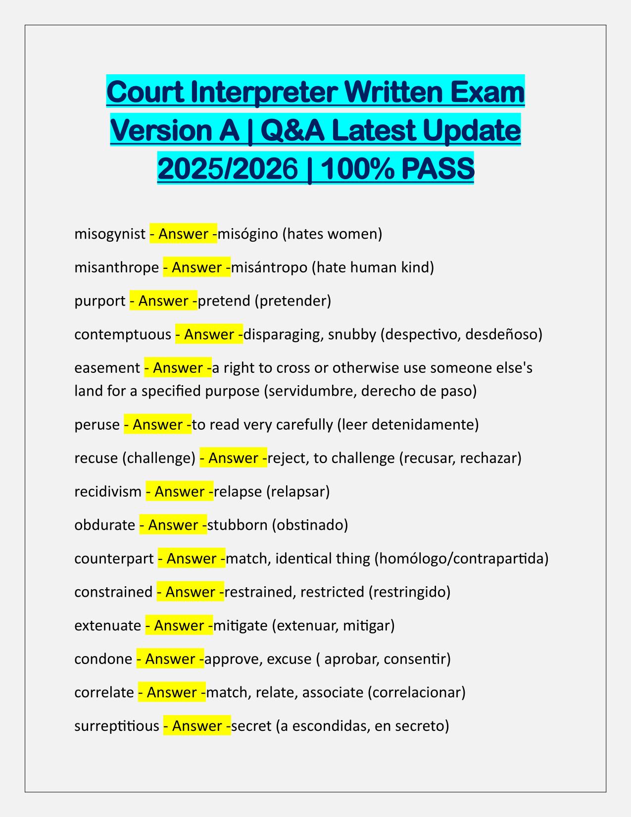 Court Interpreter Written Exam Version A Q&A Latest Update