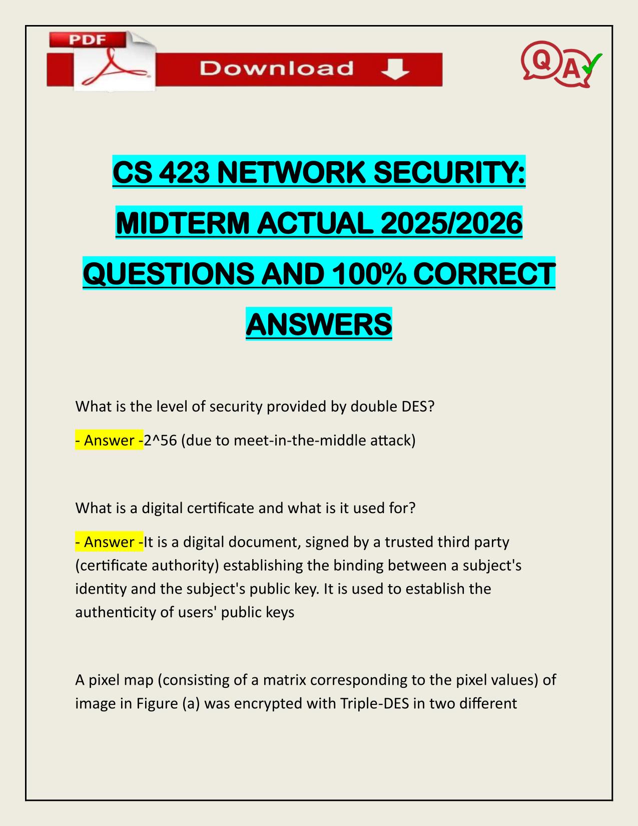 CS 423 NETWORK SECURITY: MIDTERM ACTUAL 2025/2026 UPDATE