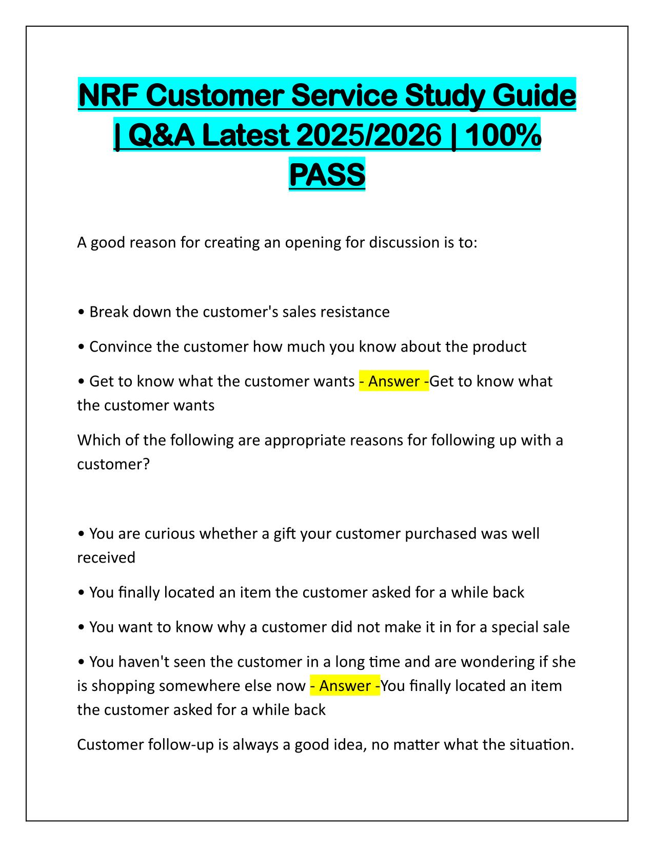 NRF Customer Service Study Guide Q&A 2025-2026 Update