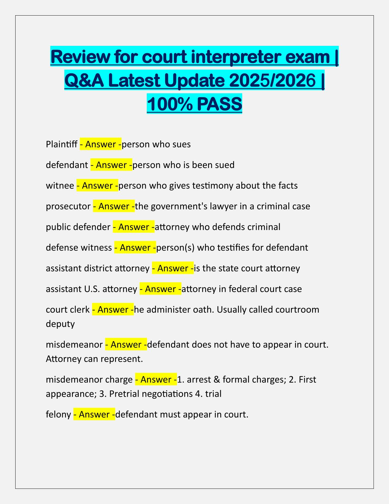 Review for court interpreter exam Q&A Latest Update