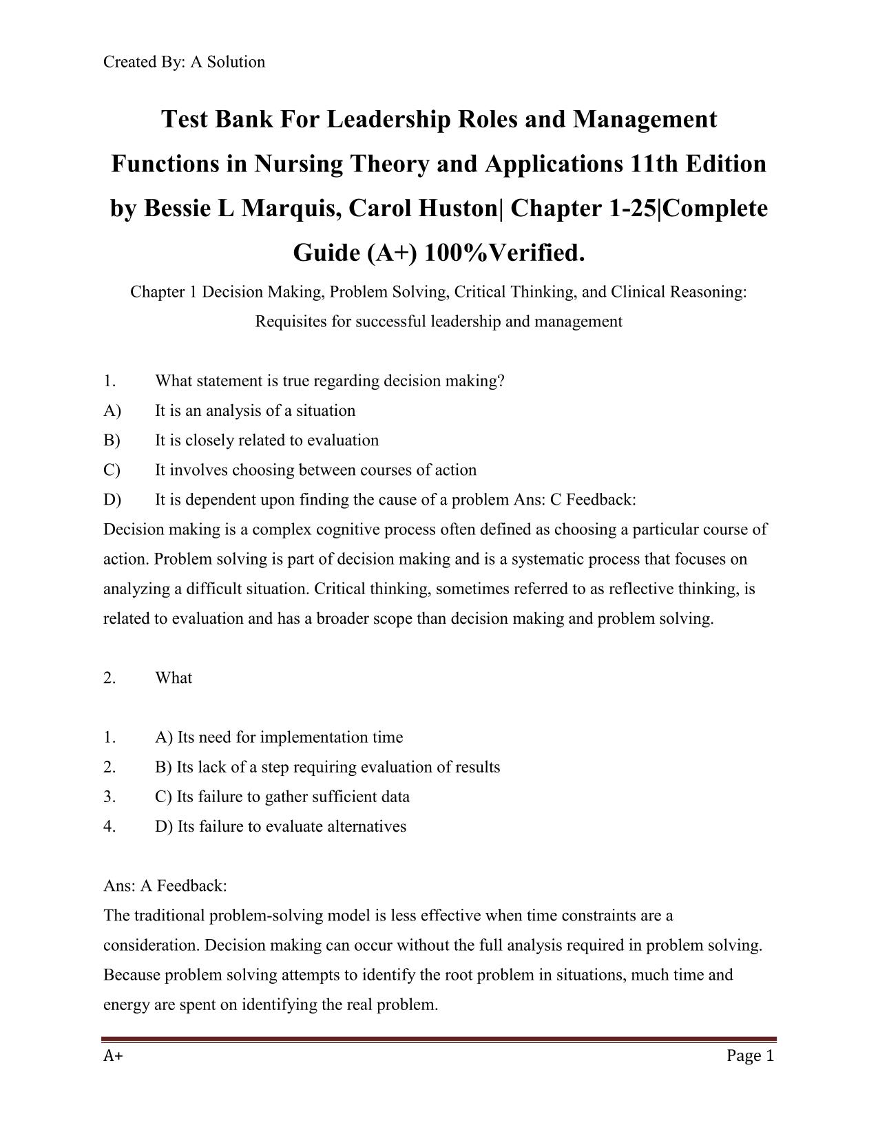 TestBank Leadership Roles and Management Functions in Nursing Theory and Applications 11th Edition ISBN 9781975193065 All Chapters 2025/2026