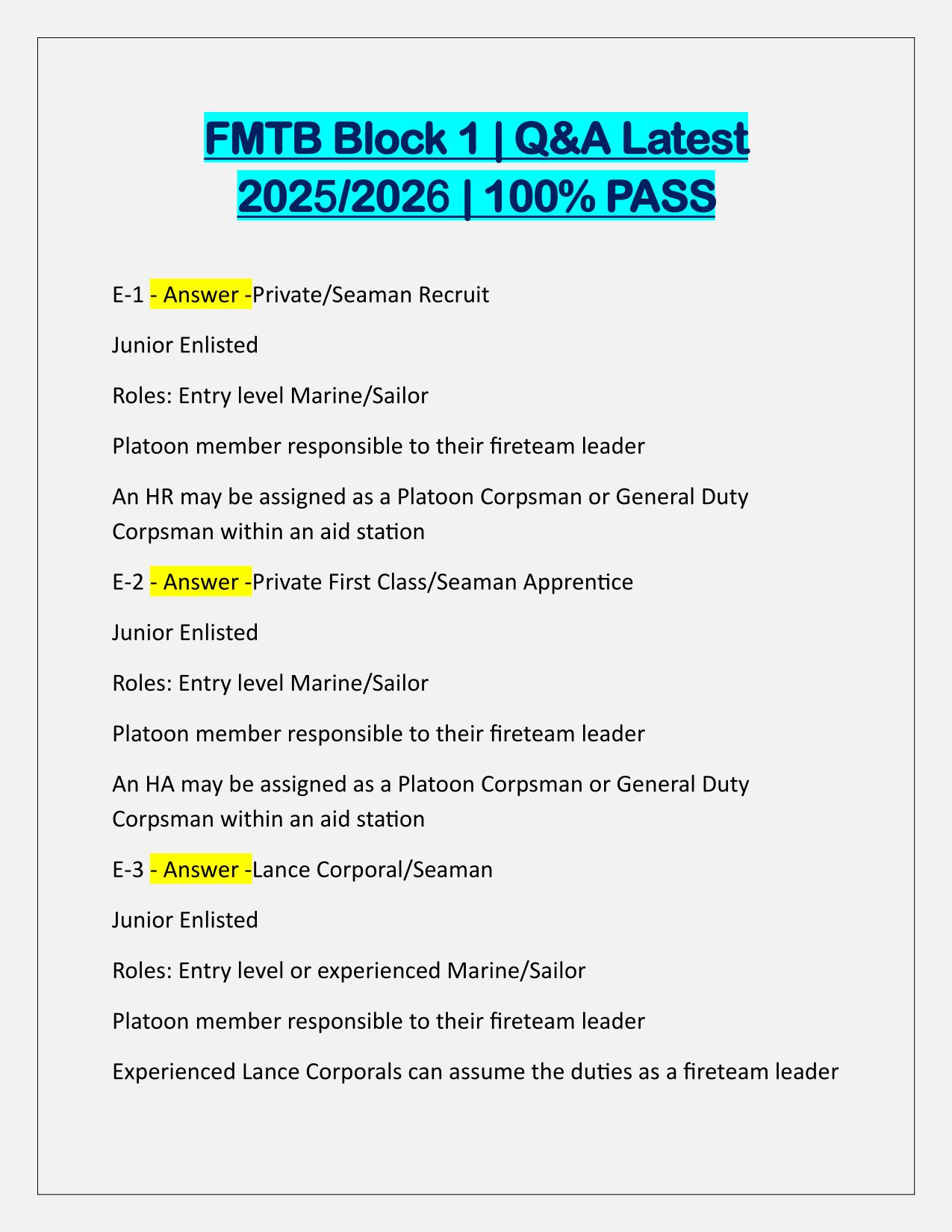 FMTB Block 1 Exam Q&A Latest Update