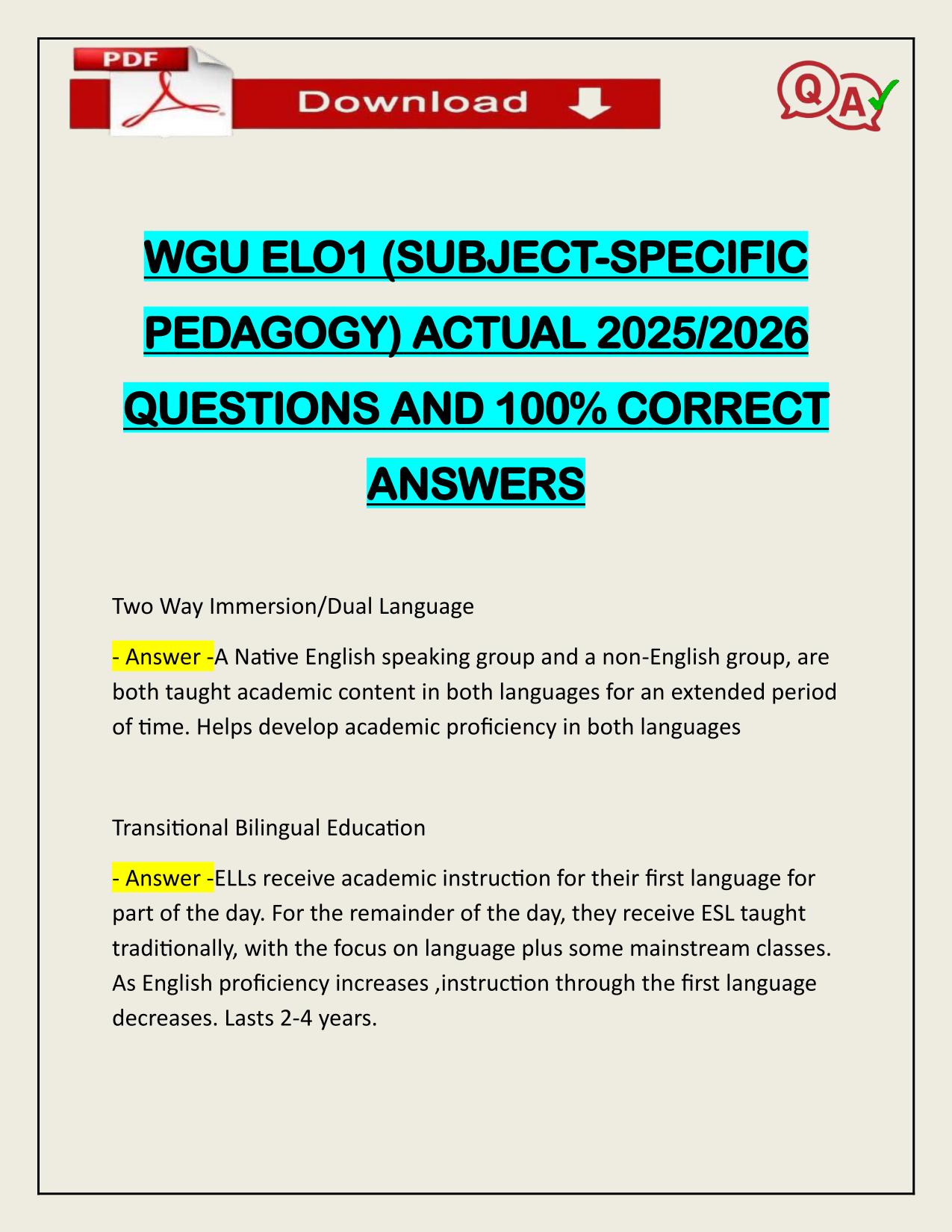 WGU ELO1 (SUBJECT-SPECIFIC PEDAGOGY) ACTUAL 2025/2026 CORRECTLY ANSWERED