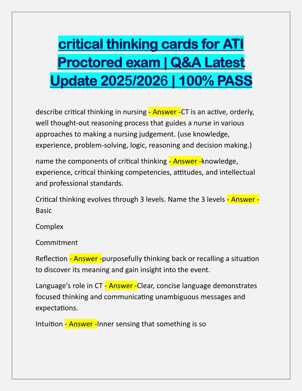 Critical thinking cards for ATI Proctored exam Q&A Latest Update