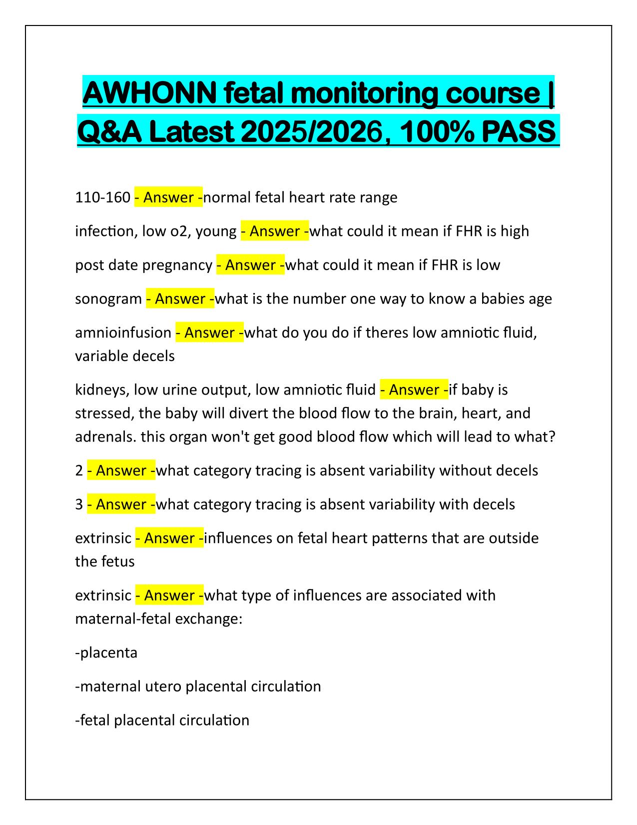 AWHONN fetal monitoring course Correctly Answered Latest 2025-2026 Update