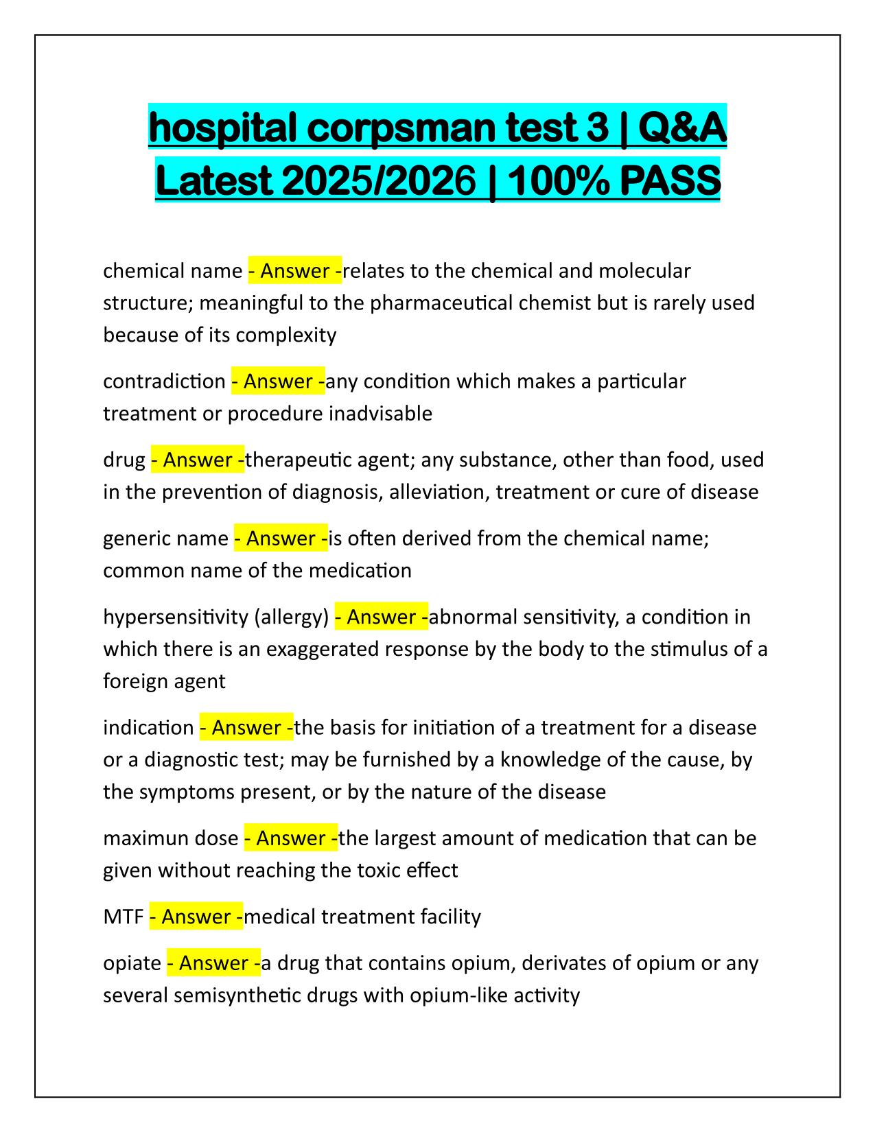 Hospital Corpsman test 3 Correctly Answered Latest Update