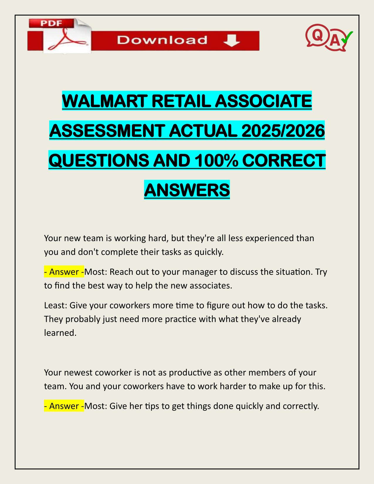 WALMART RETAIL ASSOCIATE ASSESSMENT ACTUAL 2025/2026