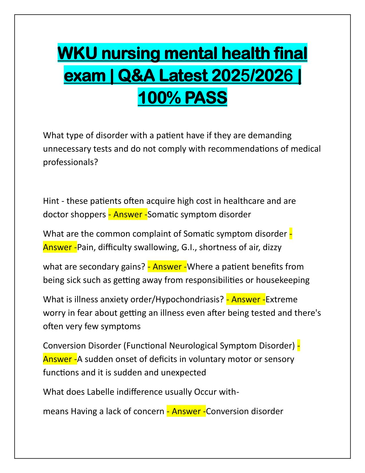 WKU nursing mental health final exam Correctly Answered Latest Update
