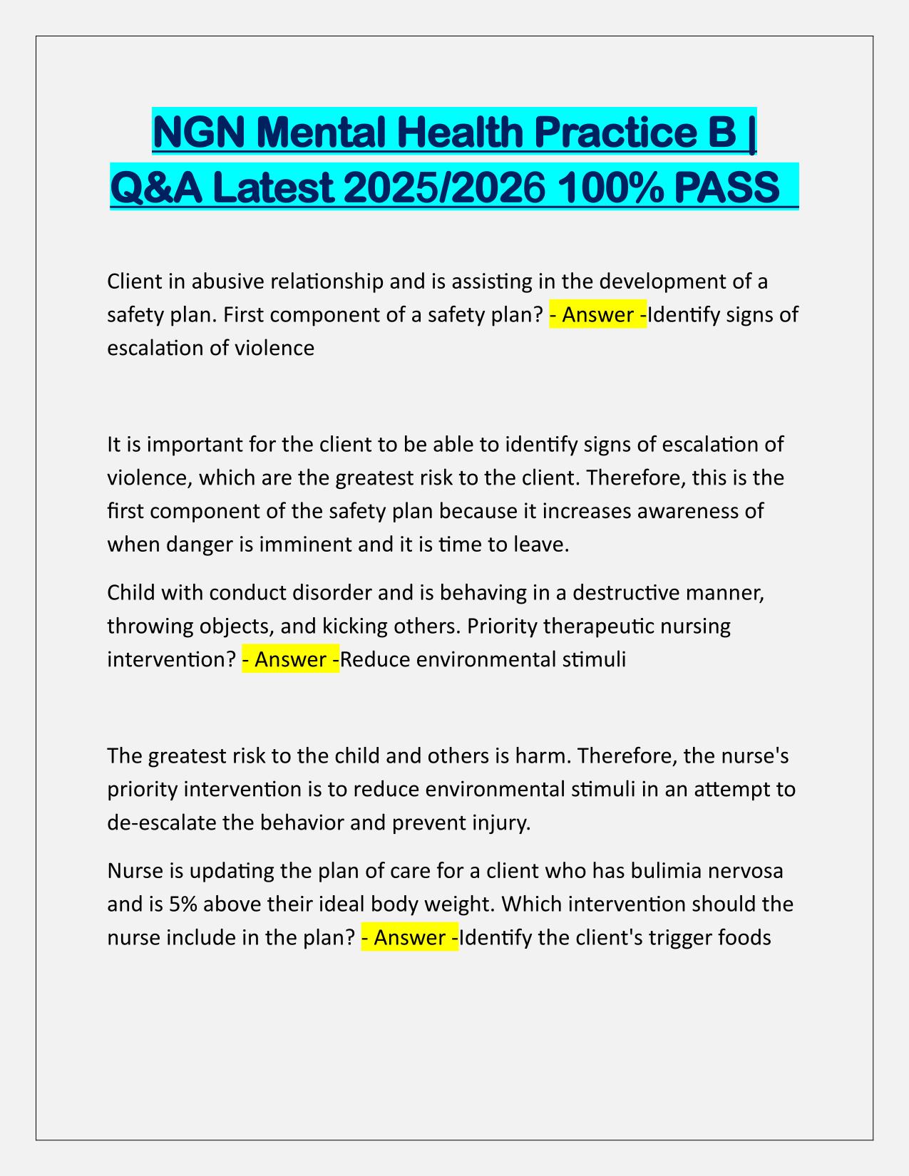 NGN Mental Health Practice B Q&A Latest Update