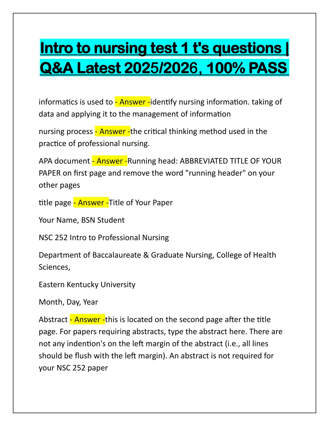 Intro to nursing test 1 ts questions and Correct Answers