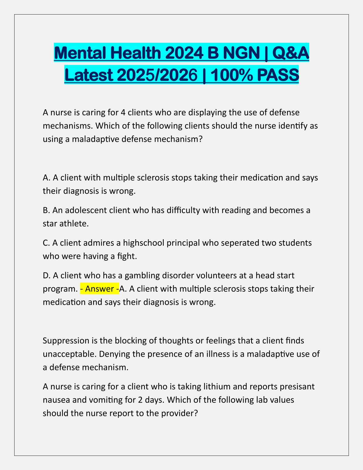 Mental Health 2025 B NGN Q&A Latest Update