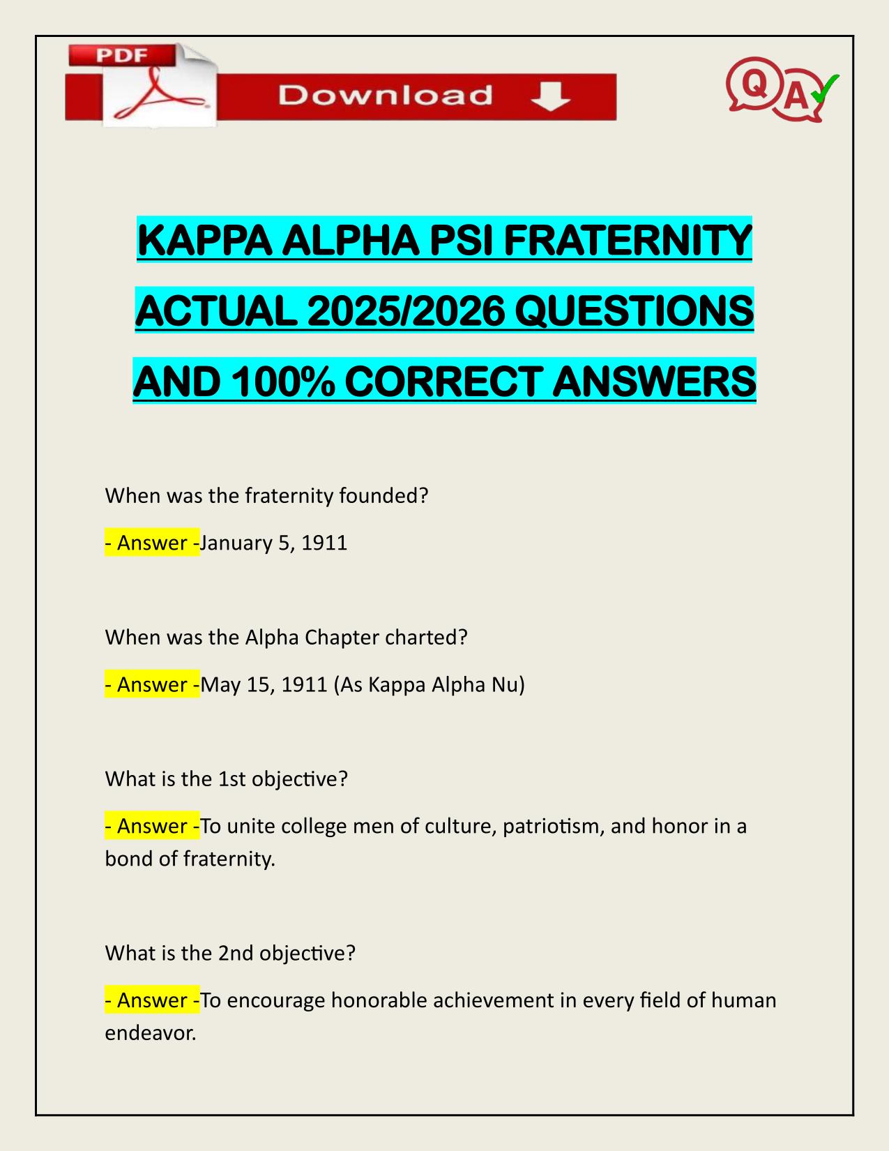 KAPPA ALPHA PSI FRATERNITY ACTUAL 2025/2026 QUESTIONS AND 100% CORRECT ANSWERS