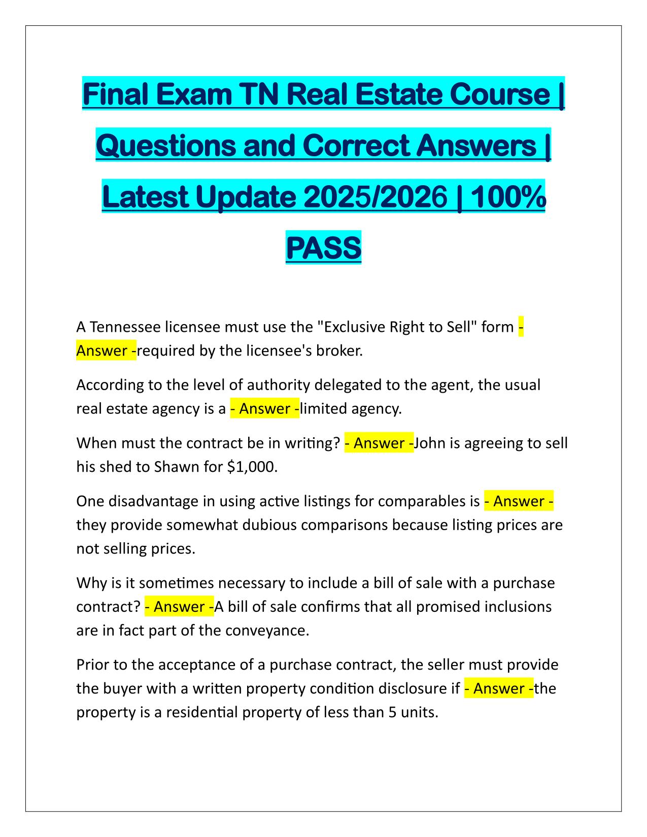 Final Exam TN Real Estate Course Questions and Answers