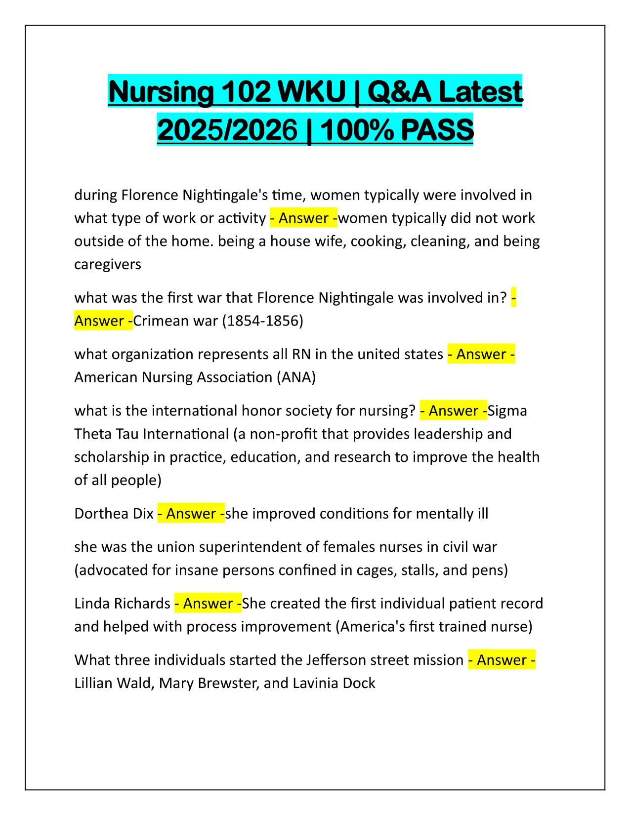 Nursing 102 WKU Questions with Verified Answers Latest Update