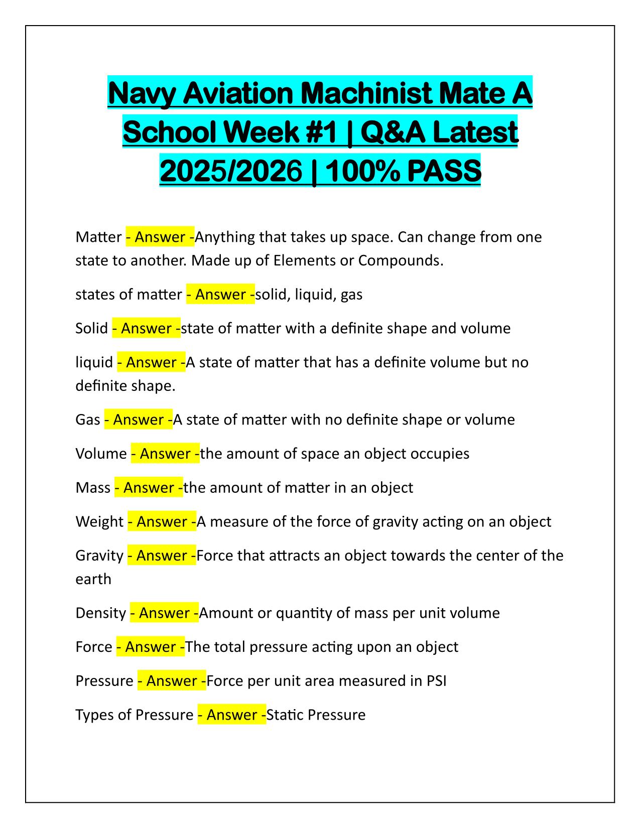Navy Aviation Machinist Mate A School Week #1 Correctly Answered Latest Update 2025