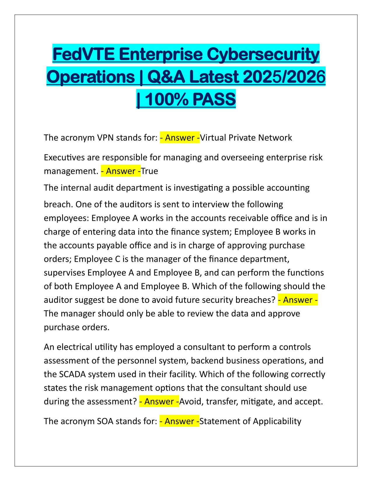 FedVTE Enterprise Cybersecurity Operations Correctly Answered Latest Update