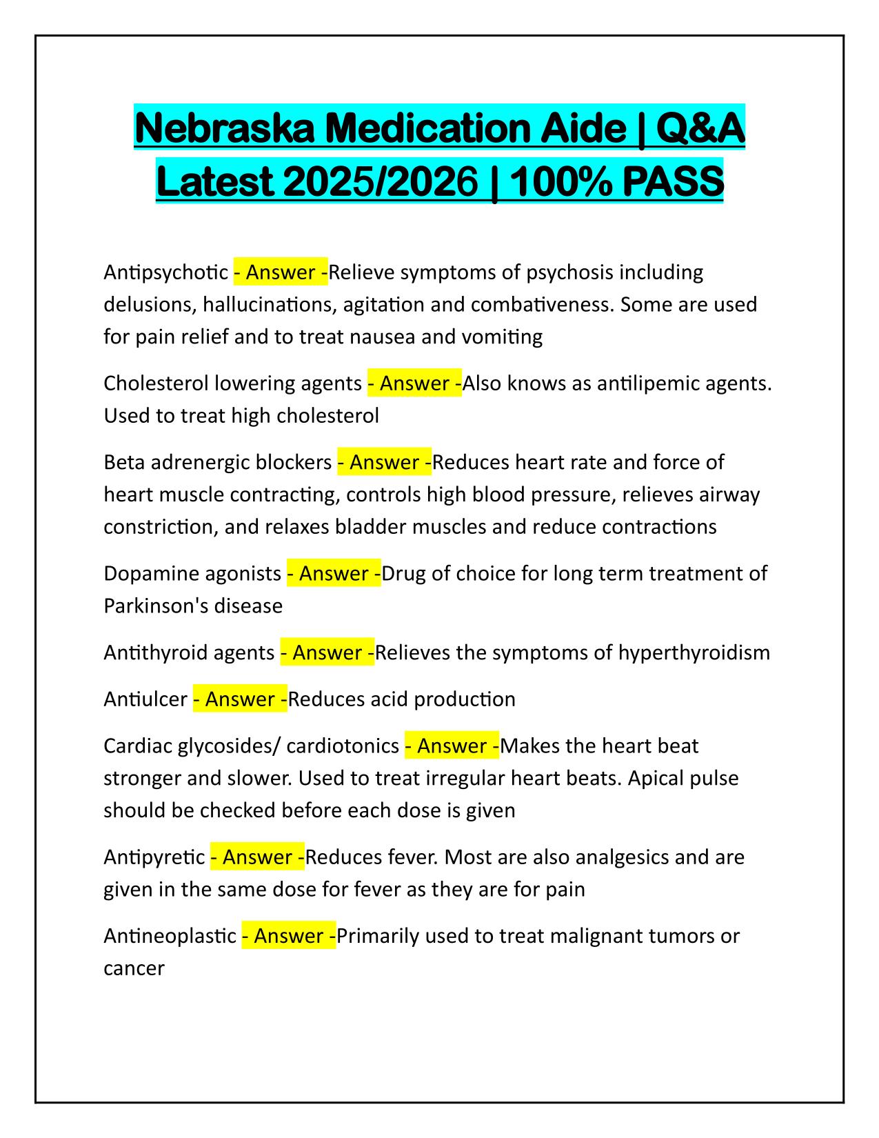 Nebraska Medication Aide Test Questions and Correct Answers 2025