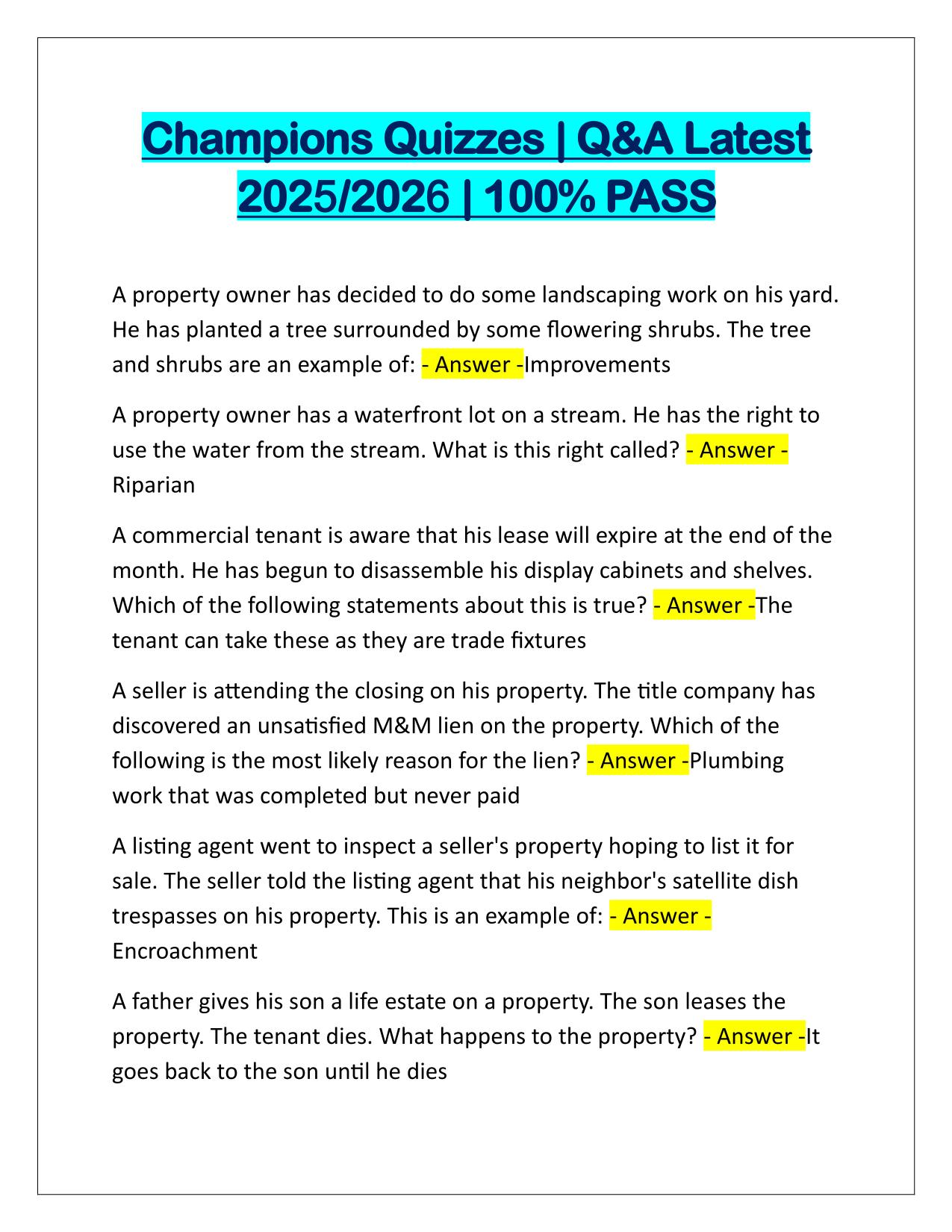 Champions Quizzes EXAM Q&A Latest Update