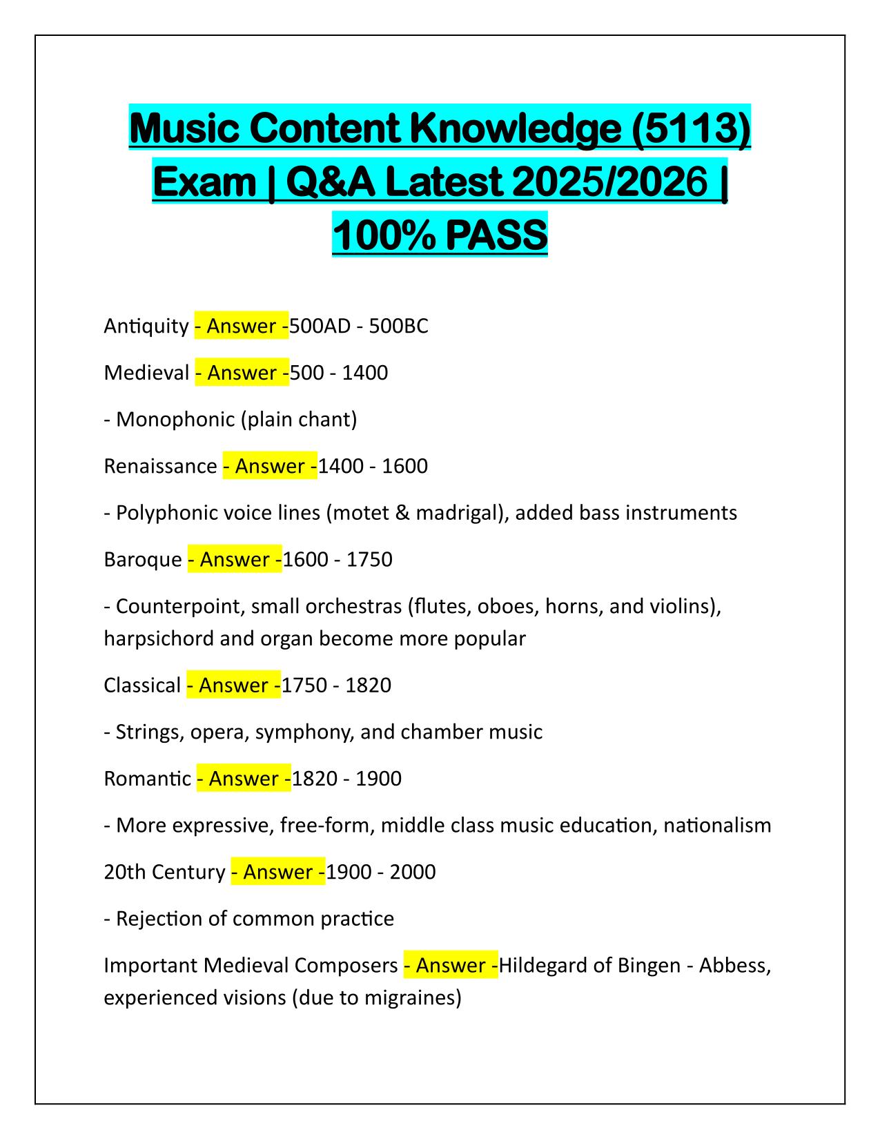 Music Content Knowledge (5113) Exam Q&A Latest Update