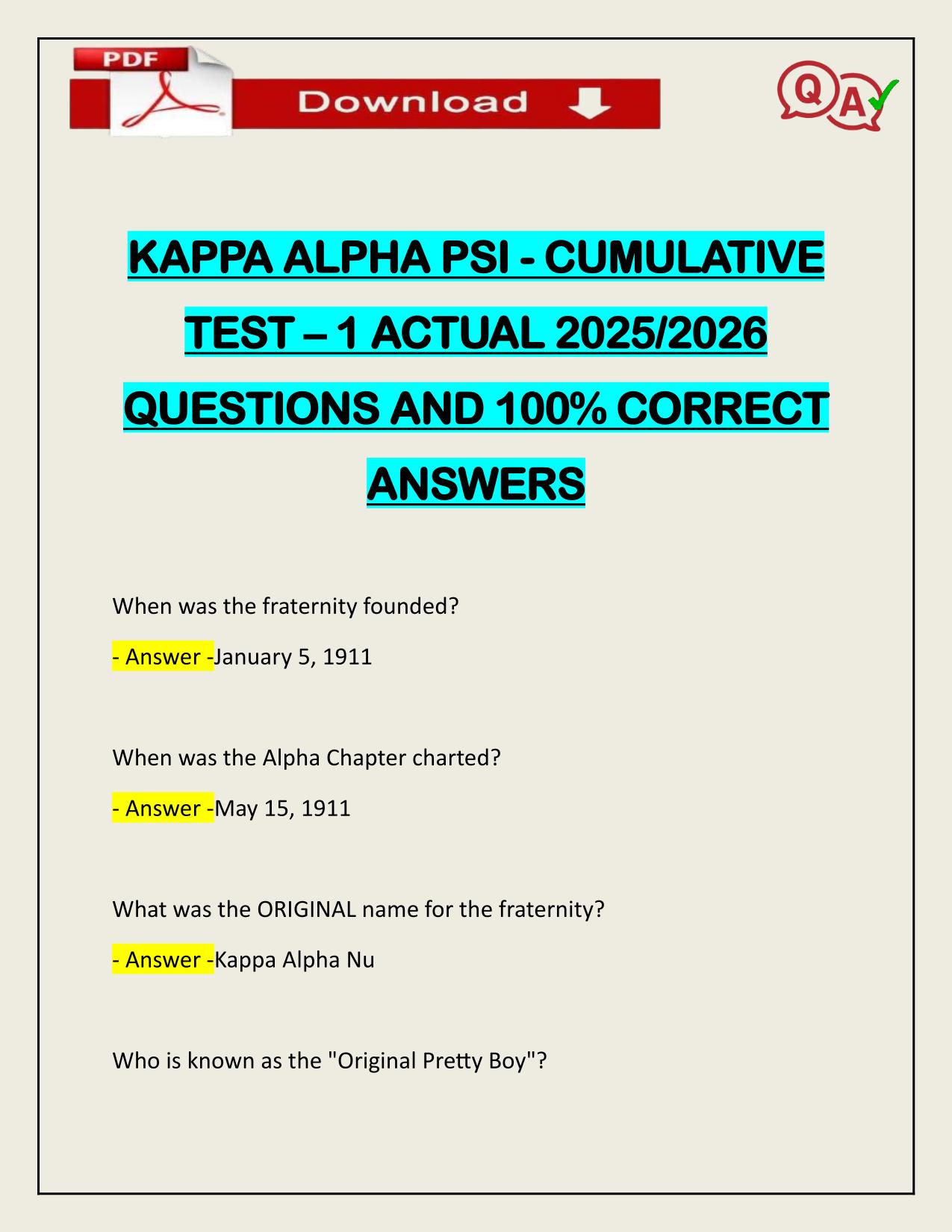KAPPA ALPHA PSI - CUMULATIVE TEST – 1 ACTUAL 2025/2026 CORRECTLY ANSWERED