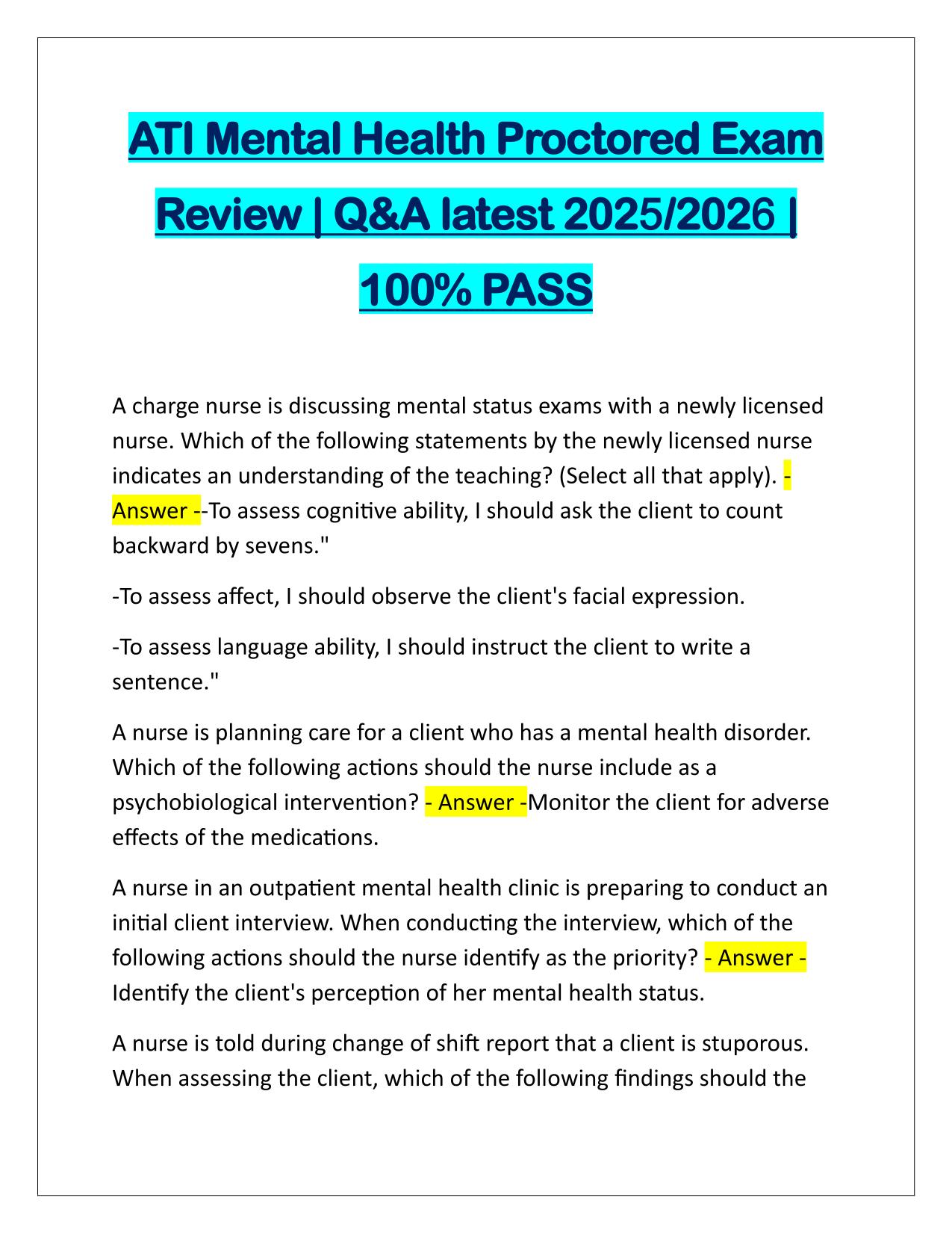ATI Mental Health Proctored Exam Review Questions and Answers 2025/2026