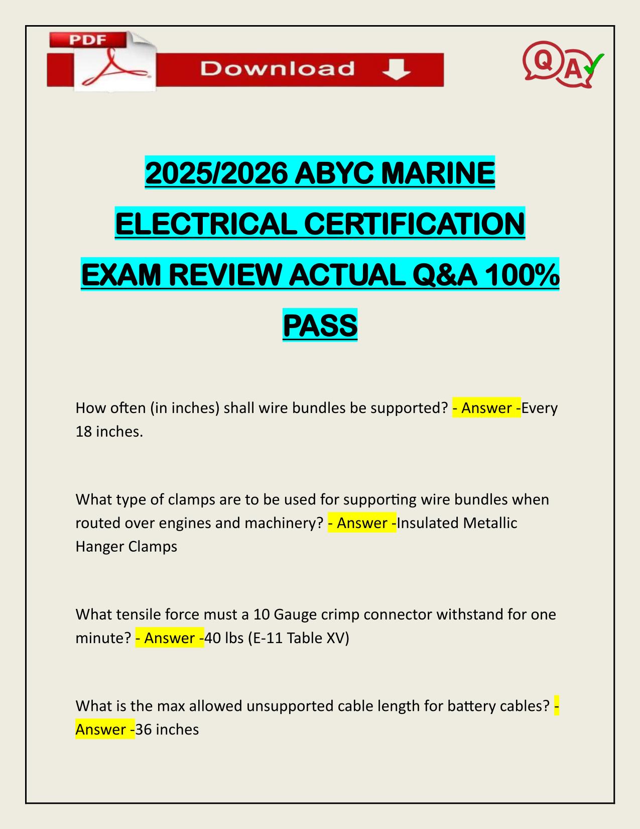 2025/2026 ABYC MARINE ELECTRICAL CERTIFICATION EXAM REVIEW ACTUAL Q&A 100% PASS