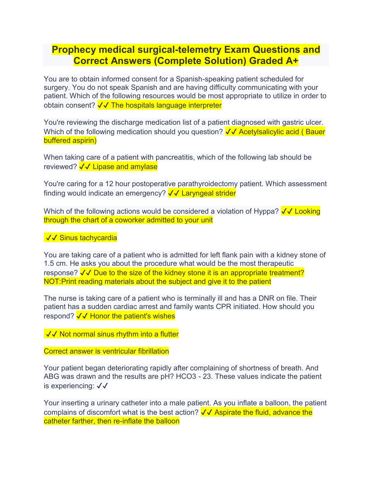 Prophecy medical surgical-telemetry Exam Questions and Correct Answers (Complete Solution) 2025/2026 PDF Download Graded A+